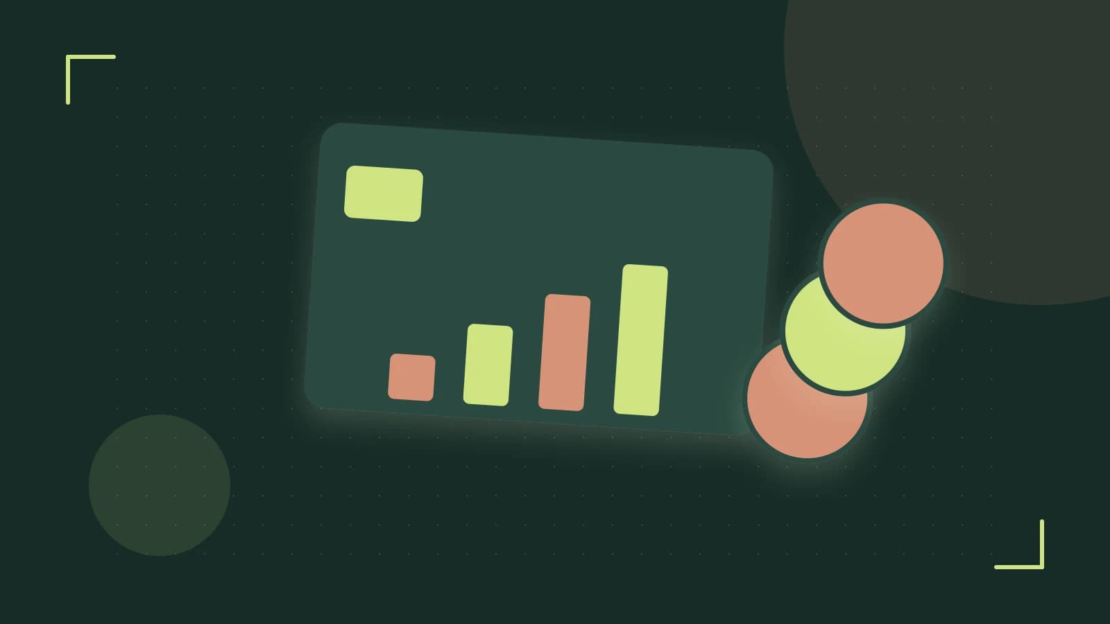 Editorial illustration of abstract coins, a payment card and a geometric financial chart without data labels