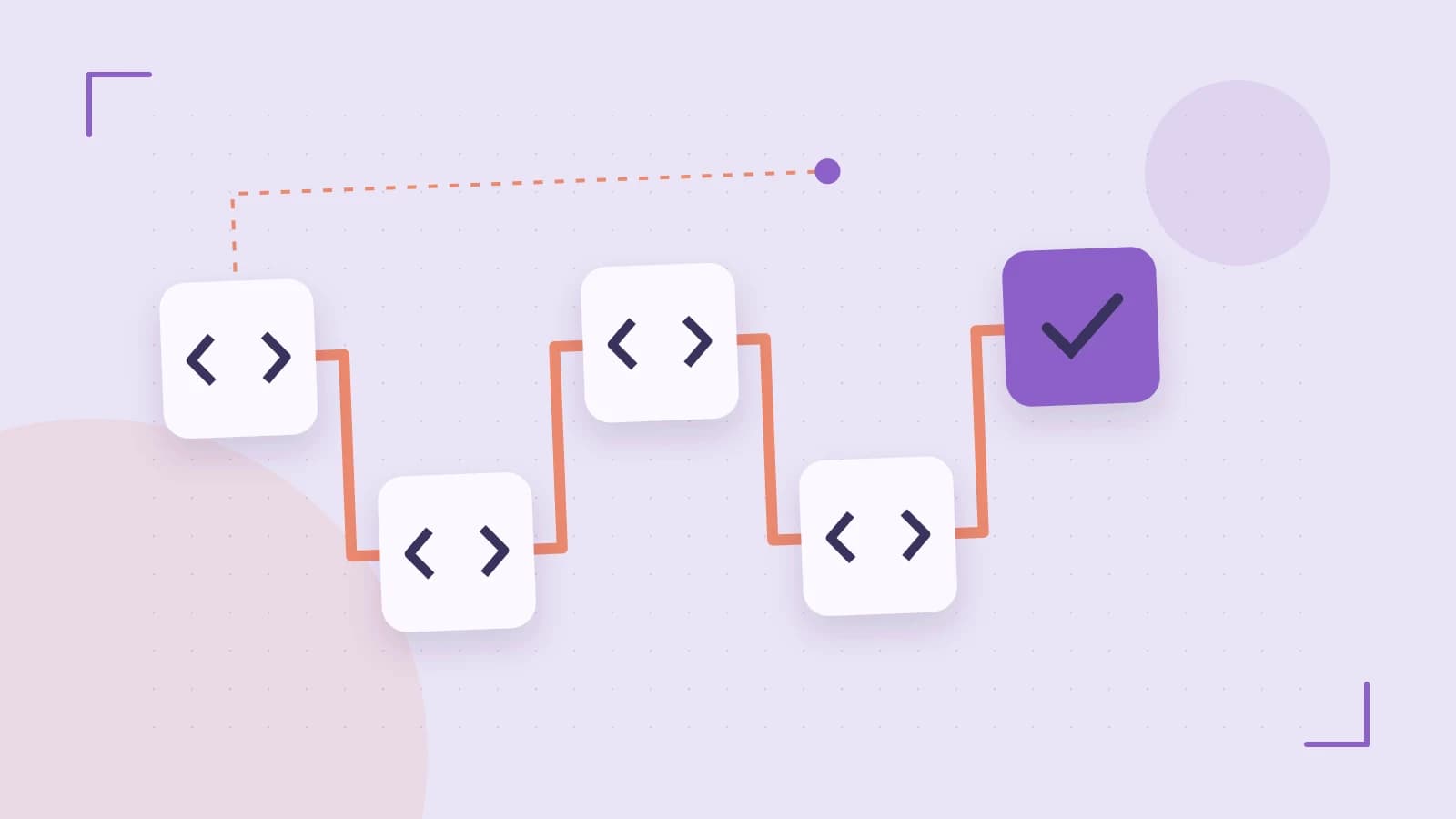 Editorial illustration of a branching build pipeline, staged transformations and a completed check