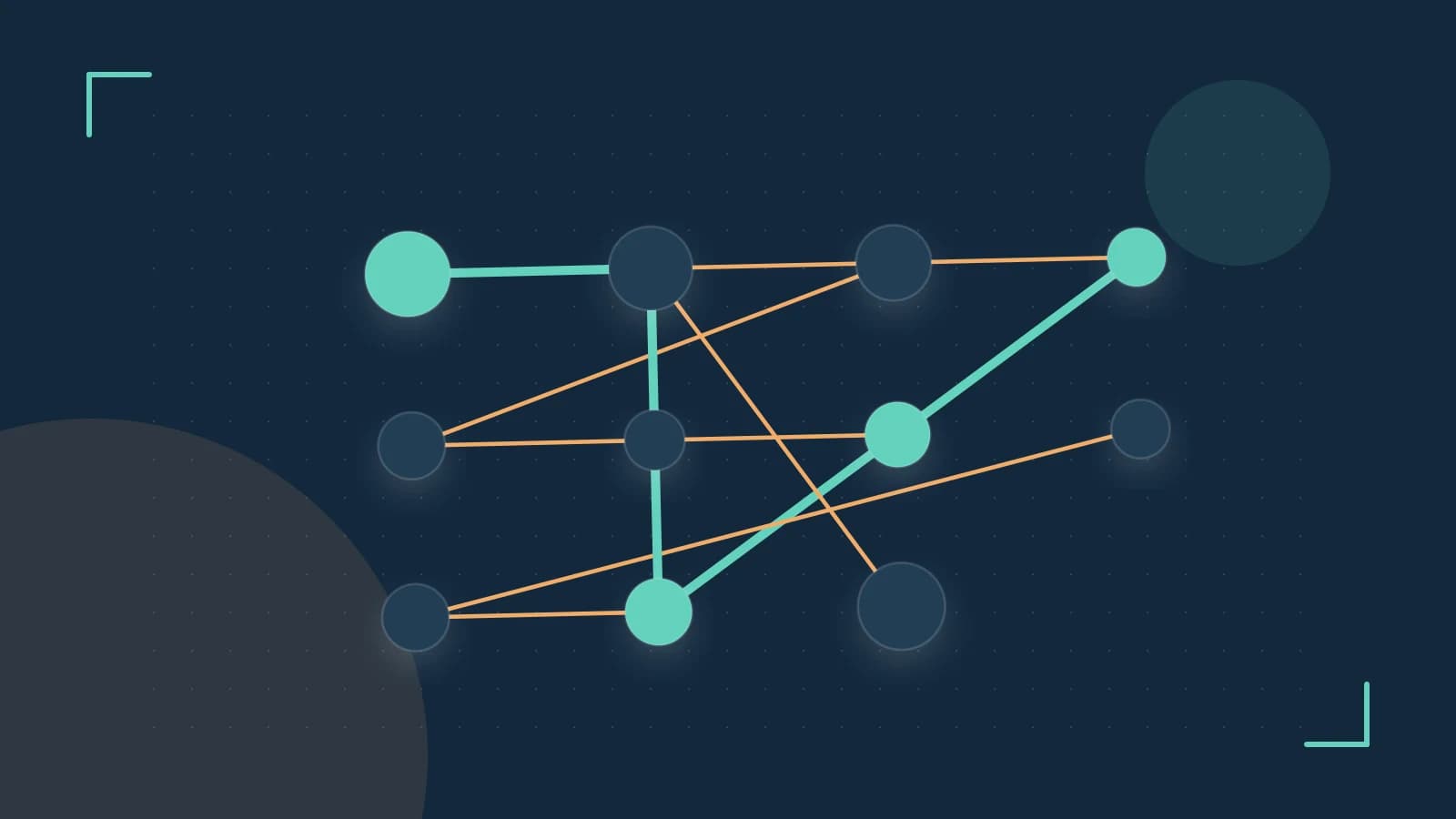 Editorial illustration of an algorithmic node graph with branching paths and a highlighted result