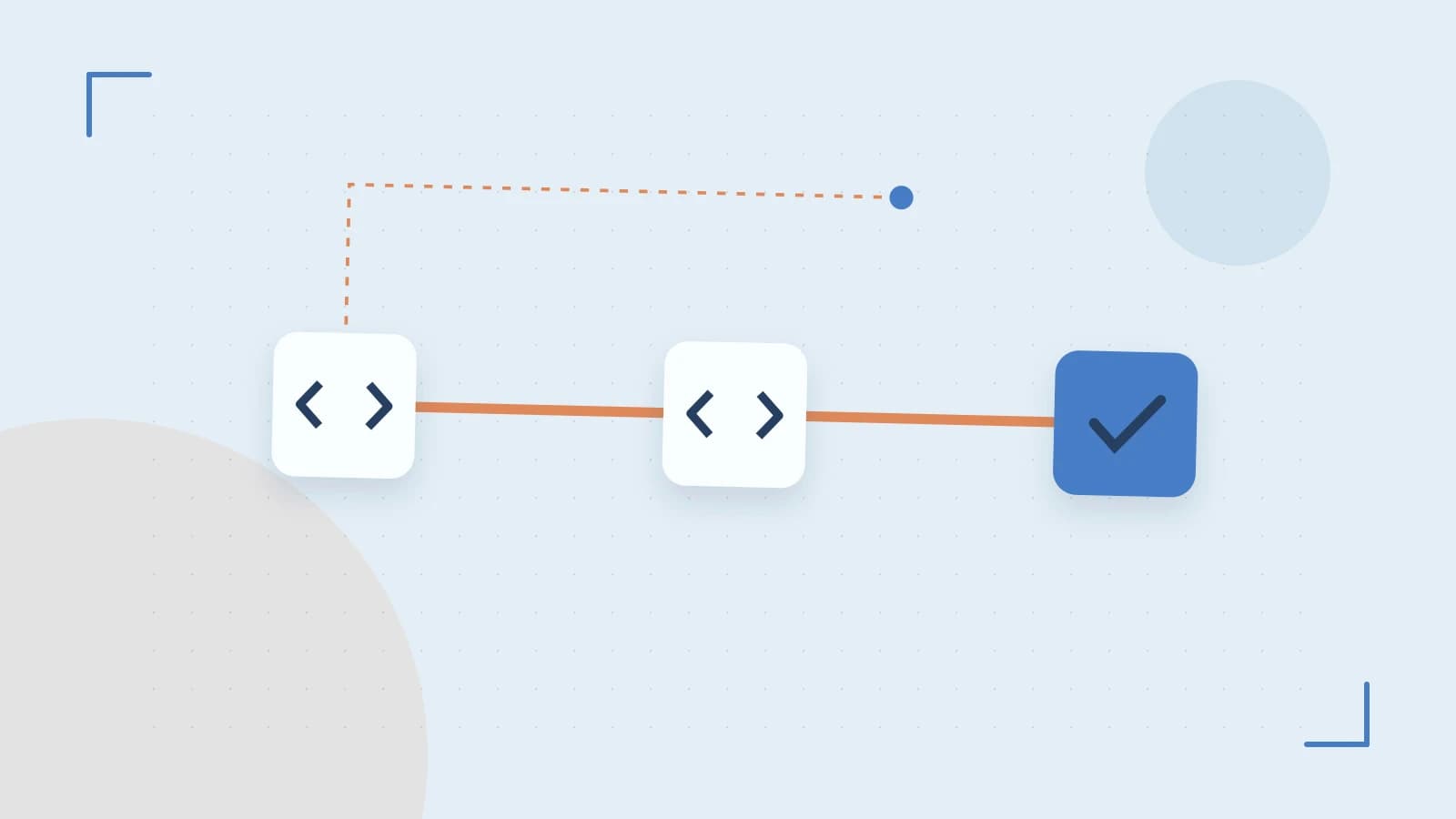 Editorial illustration of a branching build pipeline, staged transformations and a completed check