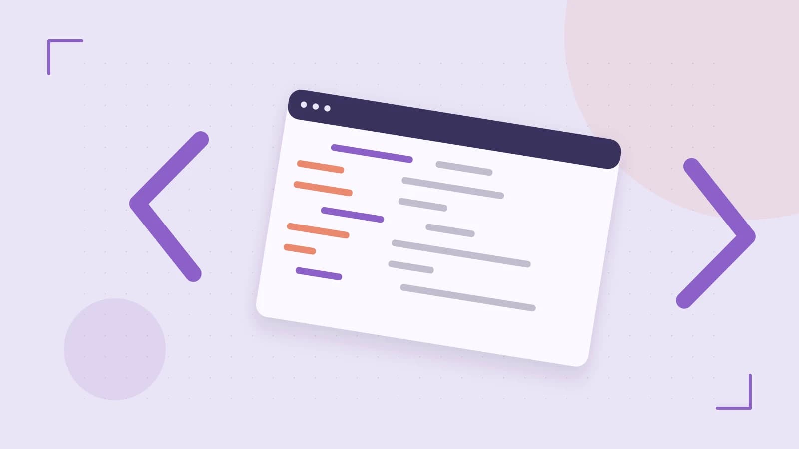 Editorial illustration of an abstract code editor, syntax blocks and oversized programming brackets
