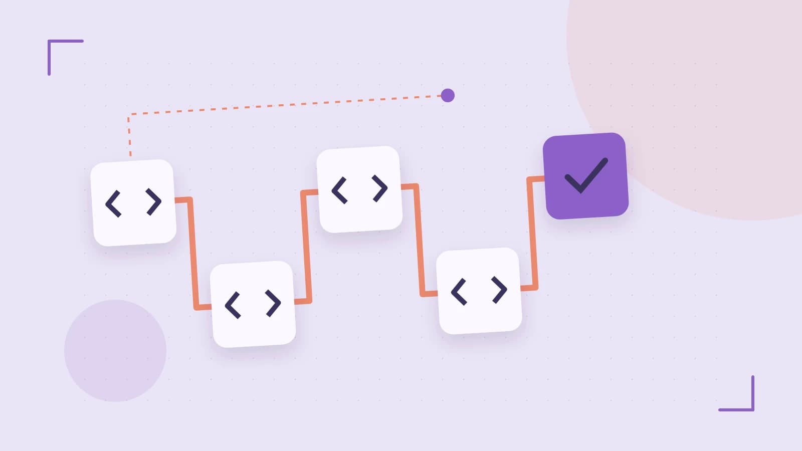 Editorial illustration of a branching build pipeline, staged transformations and a completed check