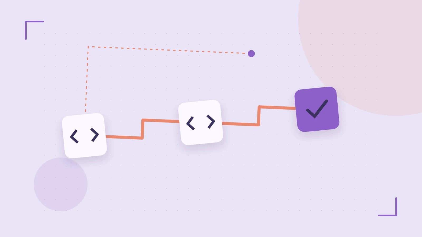 Editorial illustration of a branching build pipeline, staged transformations and a completed check