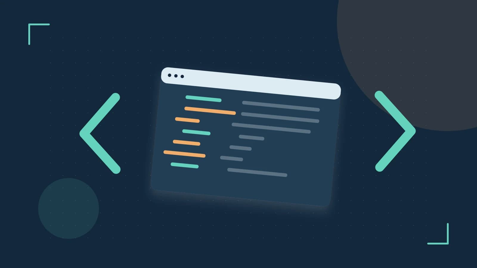 Editorial illustration of an abstract code editor, syntax blocks and oversized programming brackets