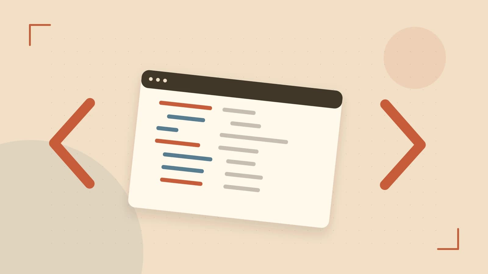 Editorial illustration of an abstract code editor, syntax blocks and oversized programming brackets