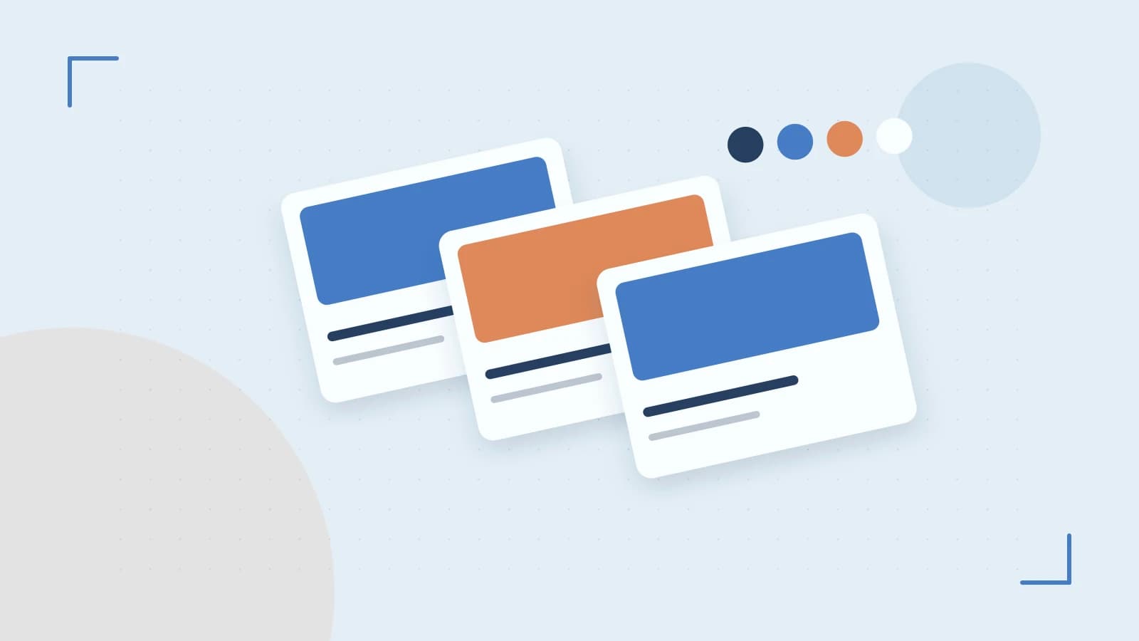 Editorial illustration of responsive browser layouts, overlapping design components and a color system