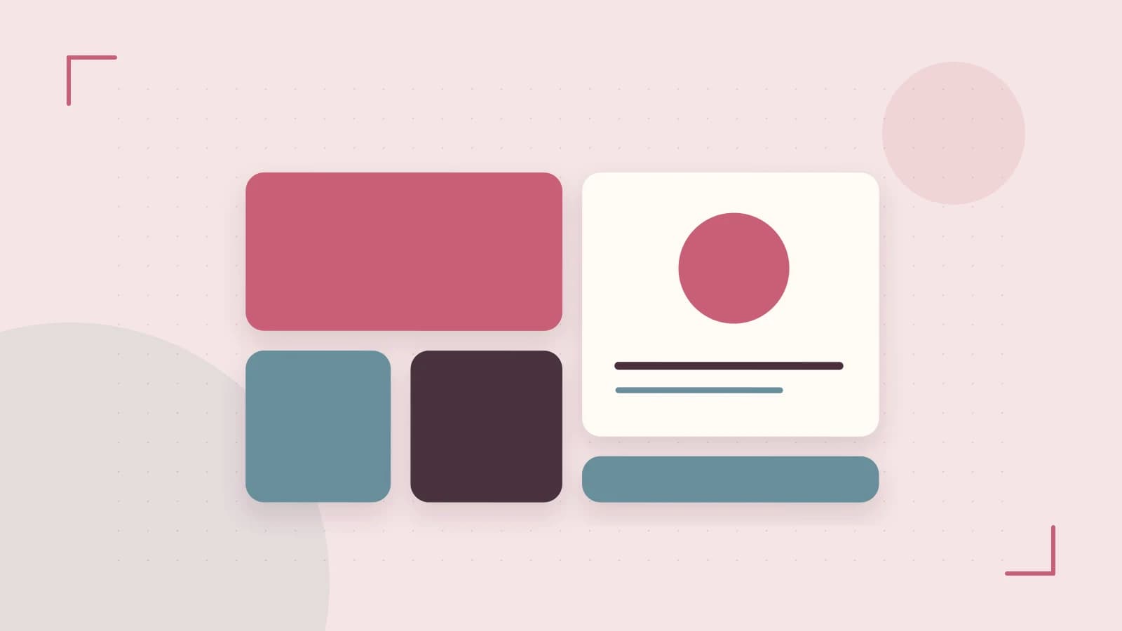 Editorial illustration of responsive browser layouts, overlapping design components and a color system