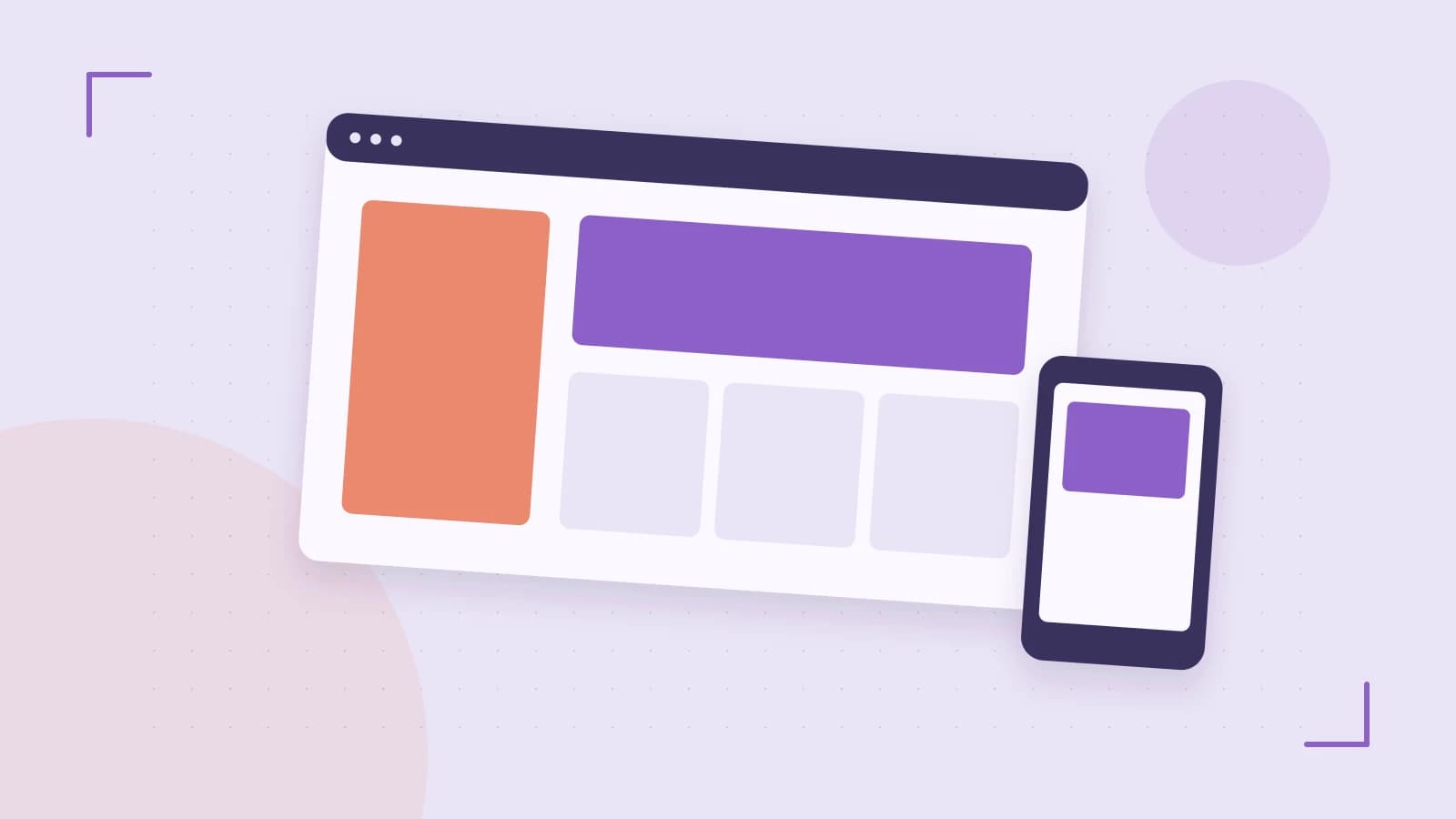 Editorial illustration of responsive browser layouts, overlapping design components and a color system