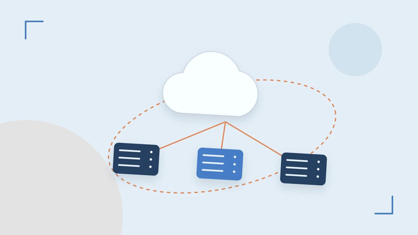 Editorial illustration of cloud infrastructure, connected server racks and an orbital service map