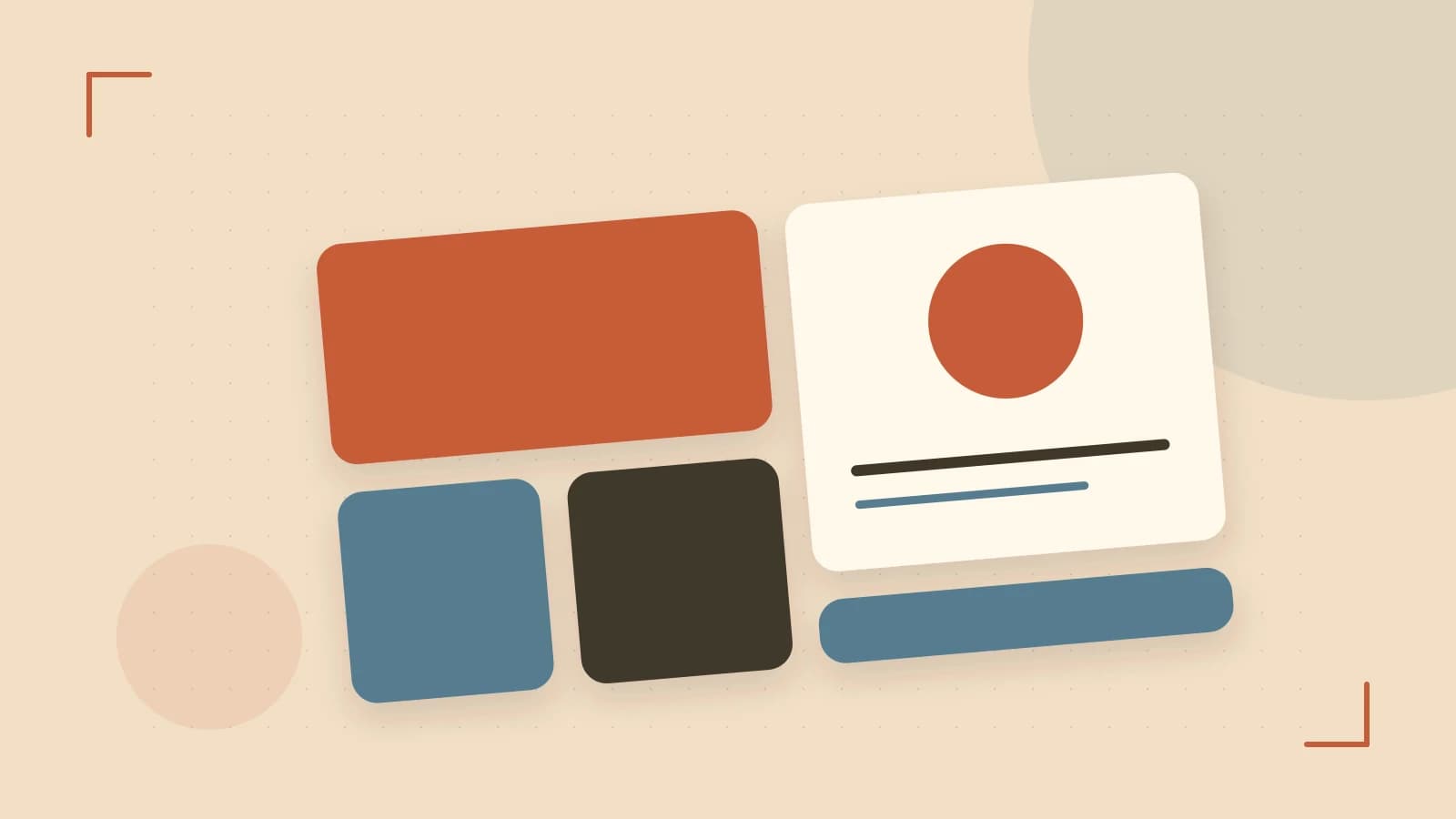 Editorial illustration of responsive browser layouts, overlapping design components and a color system