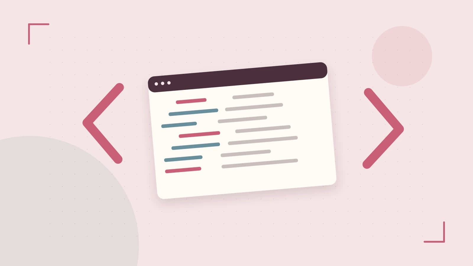 Editorial illustration of an abstract code editor, syntax blocks and oversized programming brackets