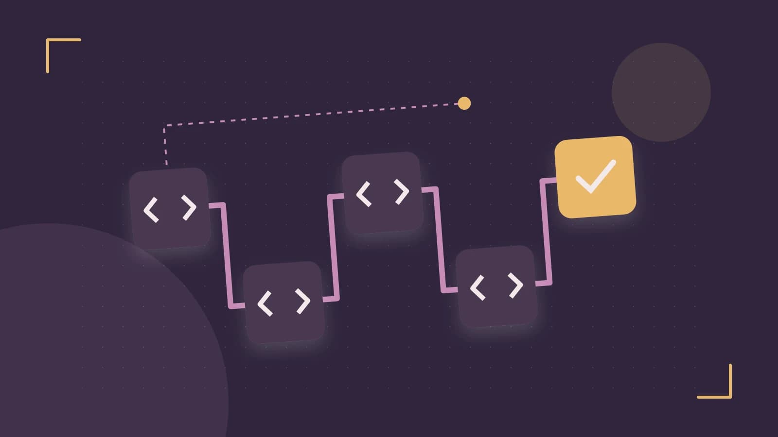 Editorial illustration of a branching build pipeline, staged transformations and a completed check