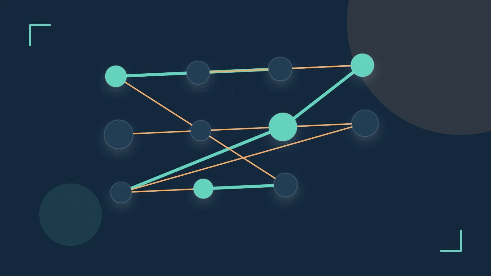 Editorial illustration of an algorithmic node graph with branching paths and a highlighted result