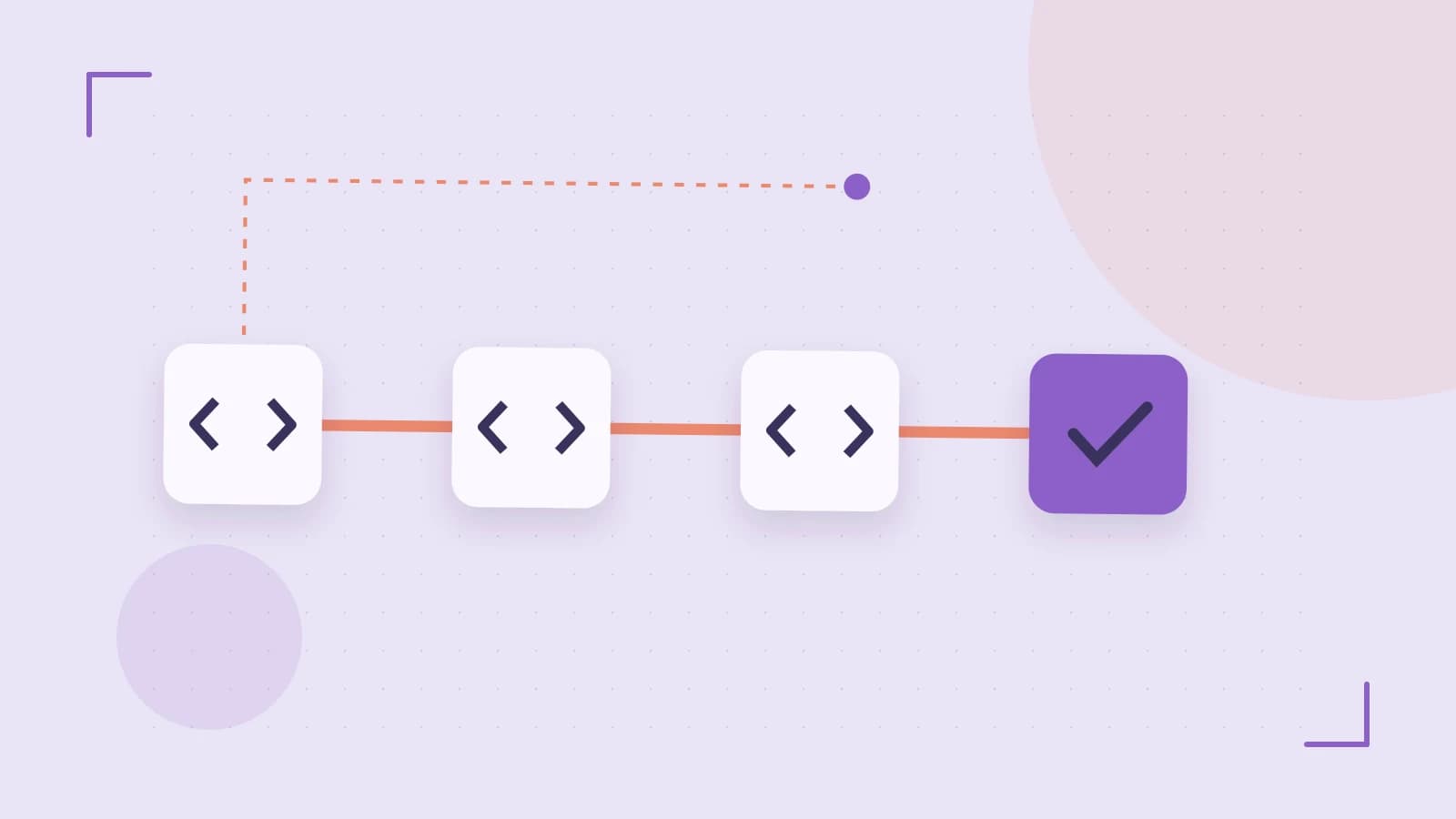 Editorial illustration of a branching build pipeline, staged transformations and a completed check