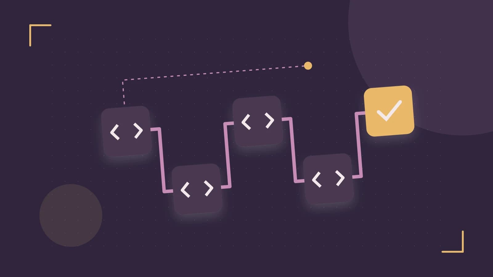 Editorial illustration of a branching build pipeline, staged transformations and a completed check