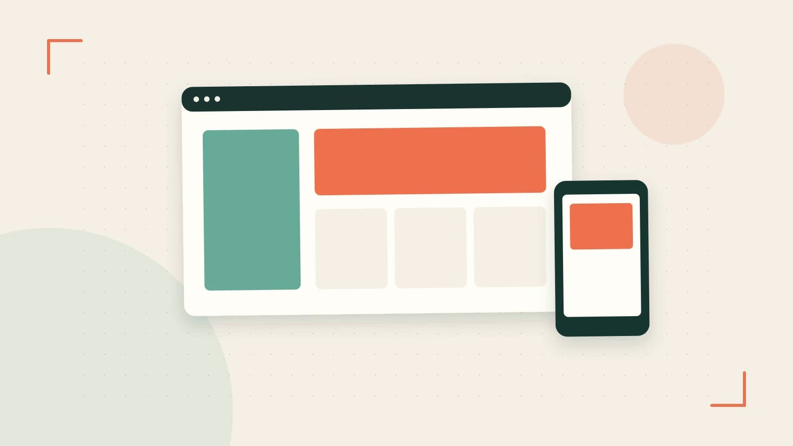 Editorial illustration of responsive browser layouts, overlapping design components and a color system