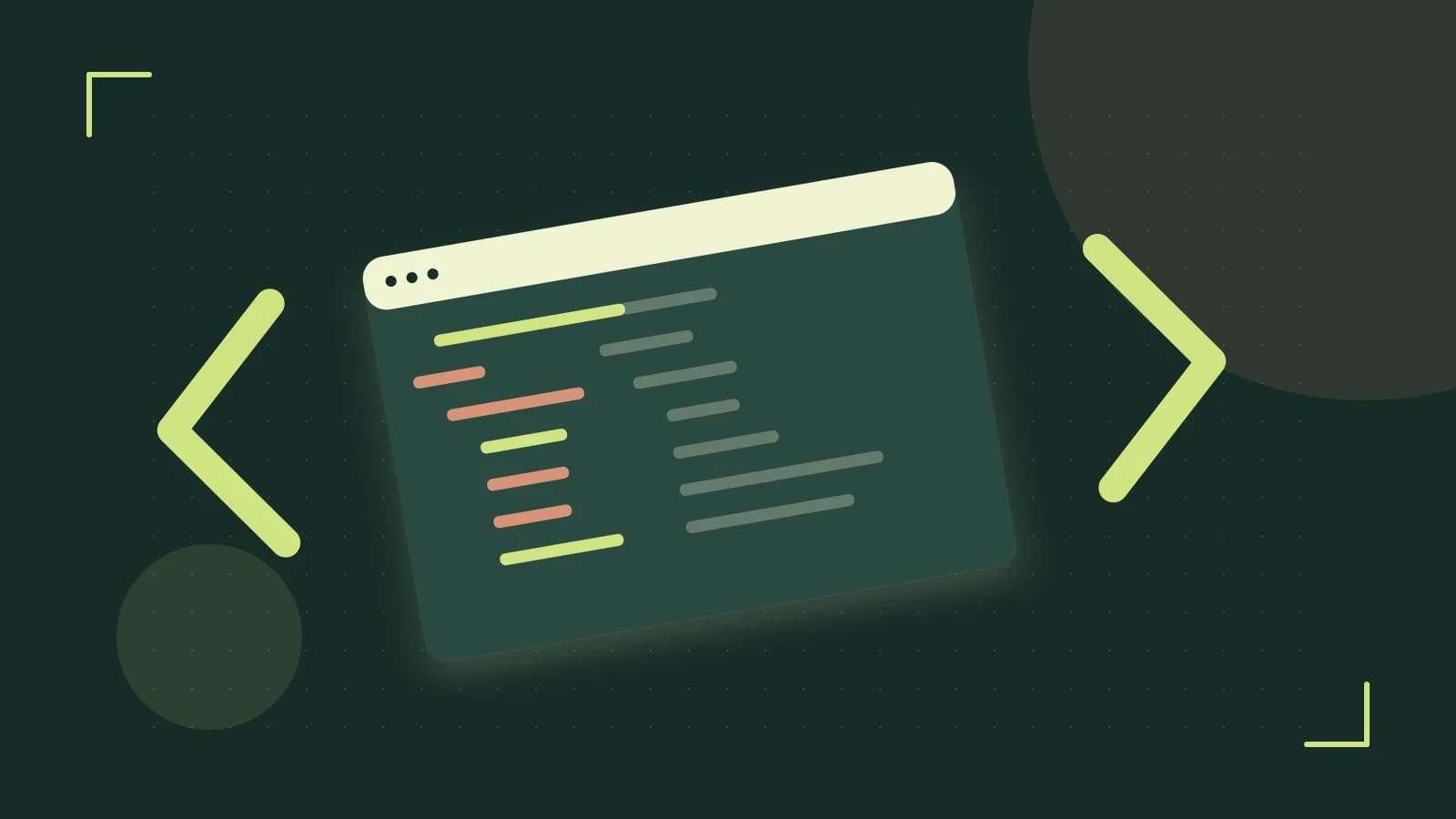Editorial illustration of an abstract code editor, syntax blocks and oversized programming brackets