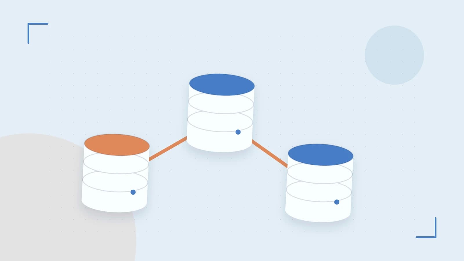 Editorial illustration of structured records, database cylinders and relationships between tables