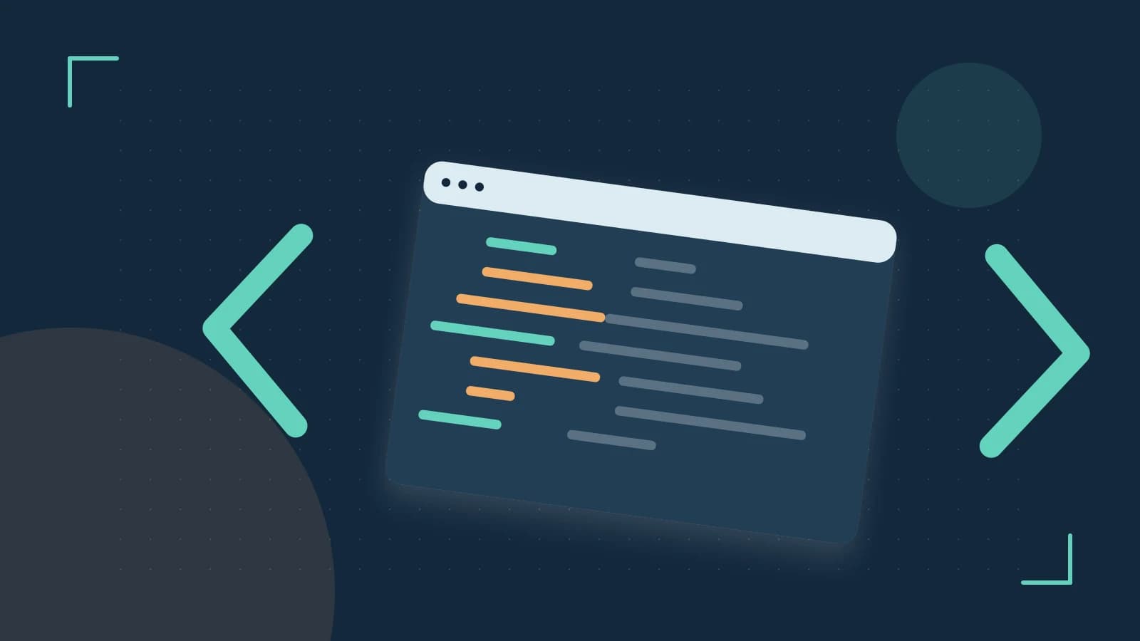 Editorial illustration of an abstract code editor, syntax blocks and oversized programming brackets