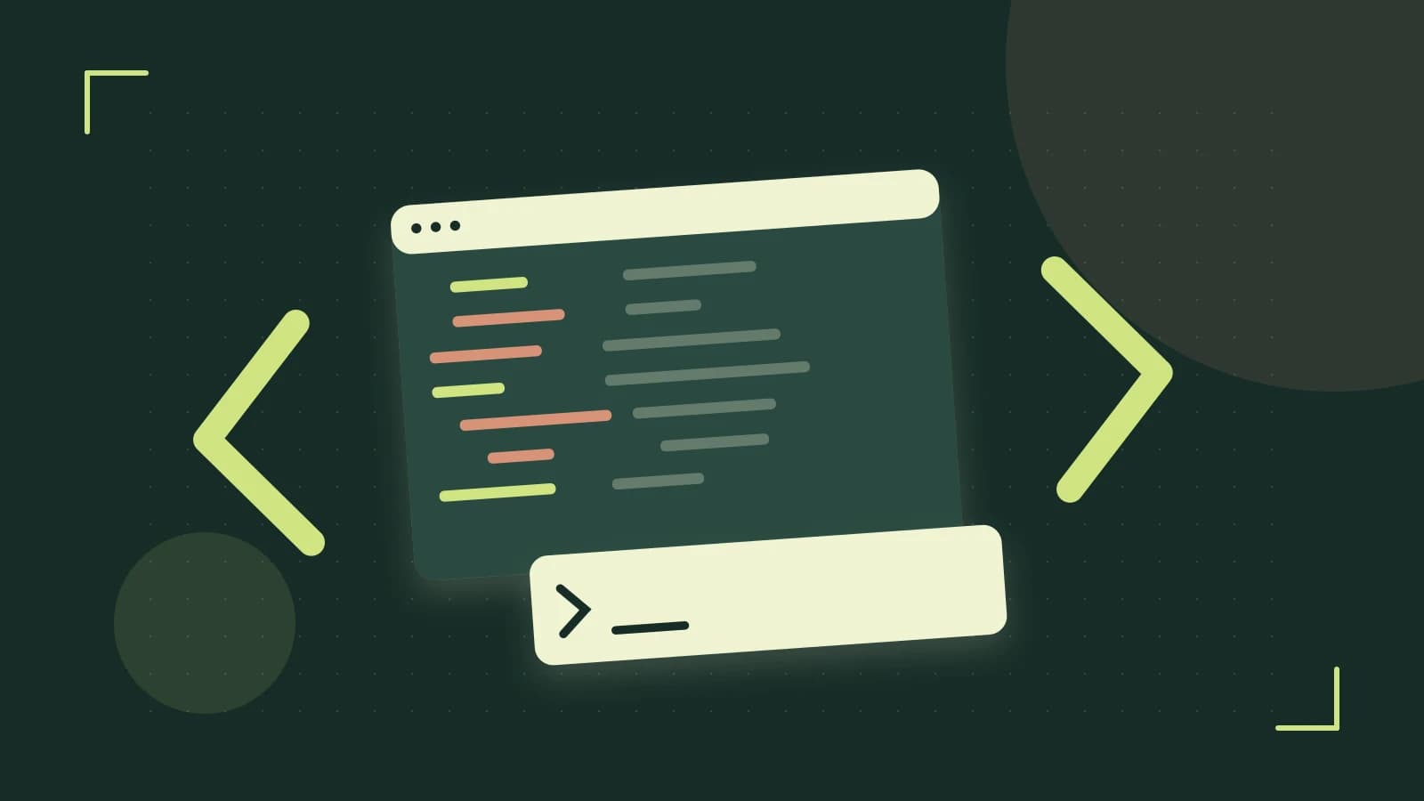 Editorial illustration of an abstract code editor, syntax blocks and oversized programming brackets