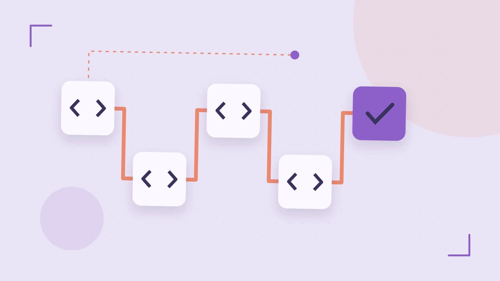 Editorial illustration of a branching build pipeline, staged transformations and a completed check