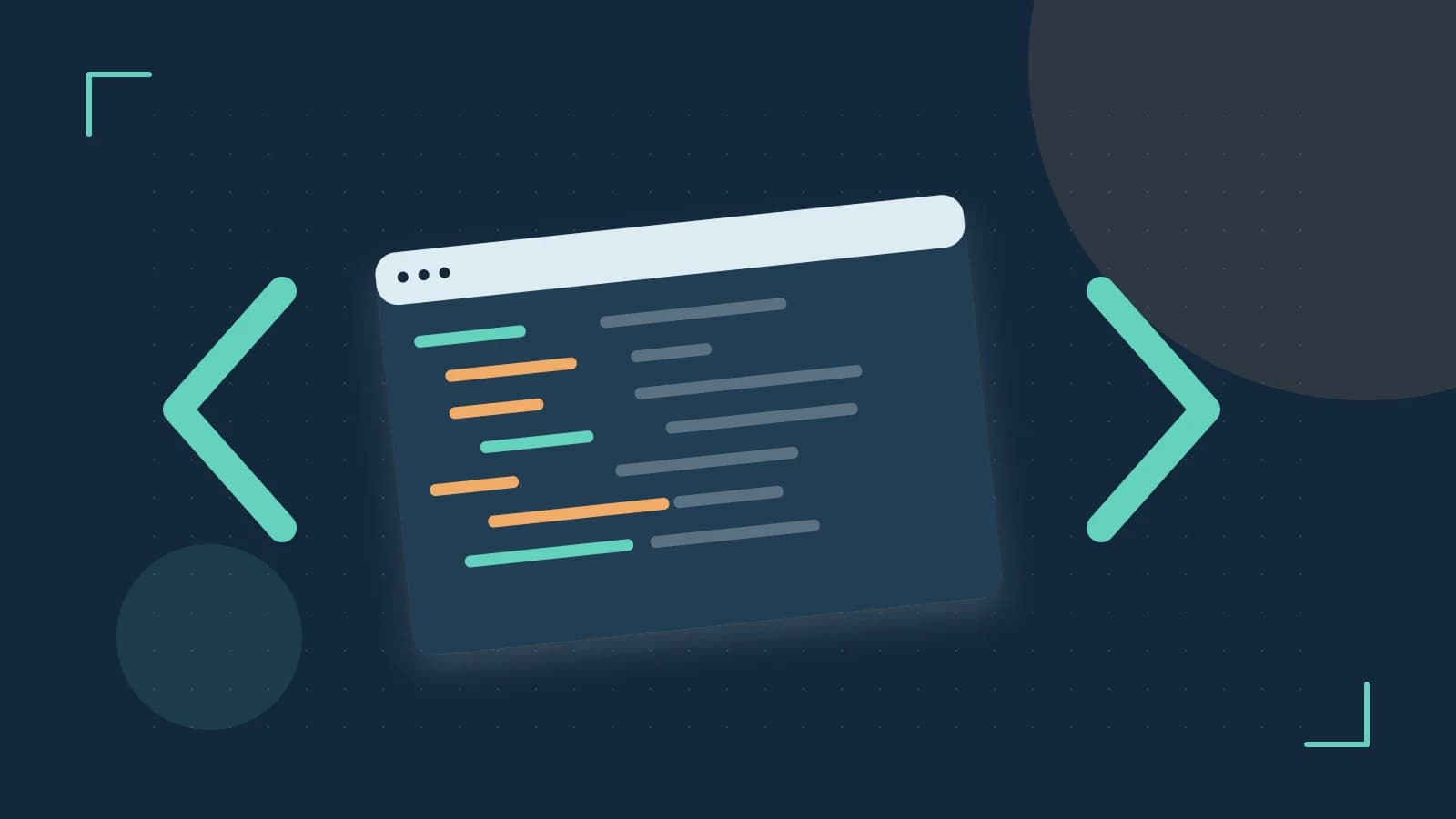 Editorial illustration of an abstract code editor, syntax blocks and oversized programming brackets