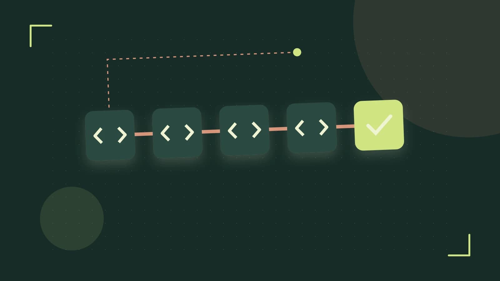 Editorial illustration of a branching build pipeline, staged transformations and a completed check