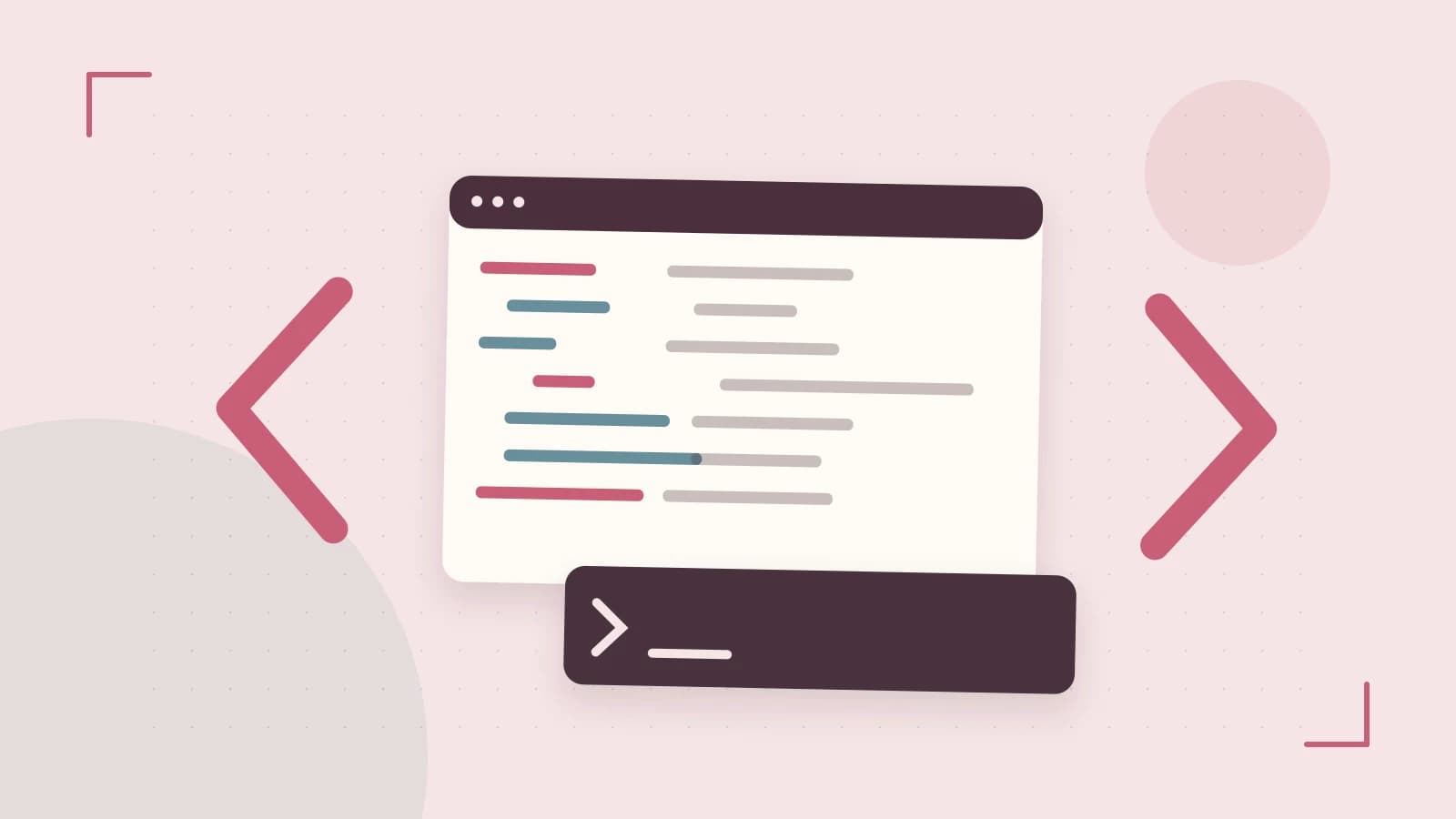 Editorial illustration of an abstract code editor, syntax blocks and oversized programming brackets