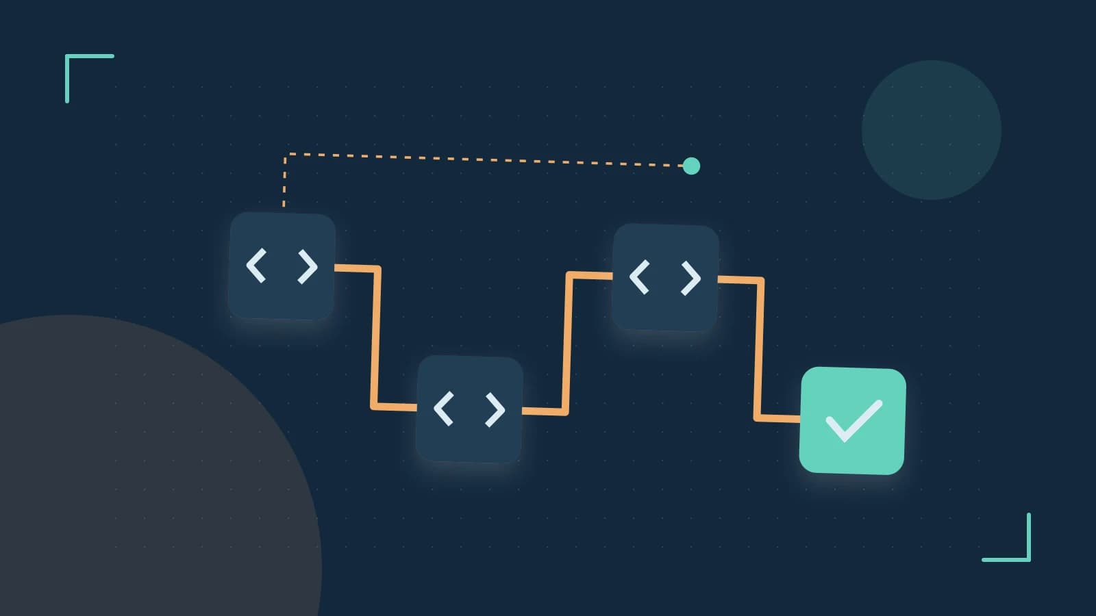 Editorial illustration of a branching build pipeline, staged transformations and a completed check