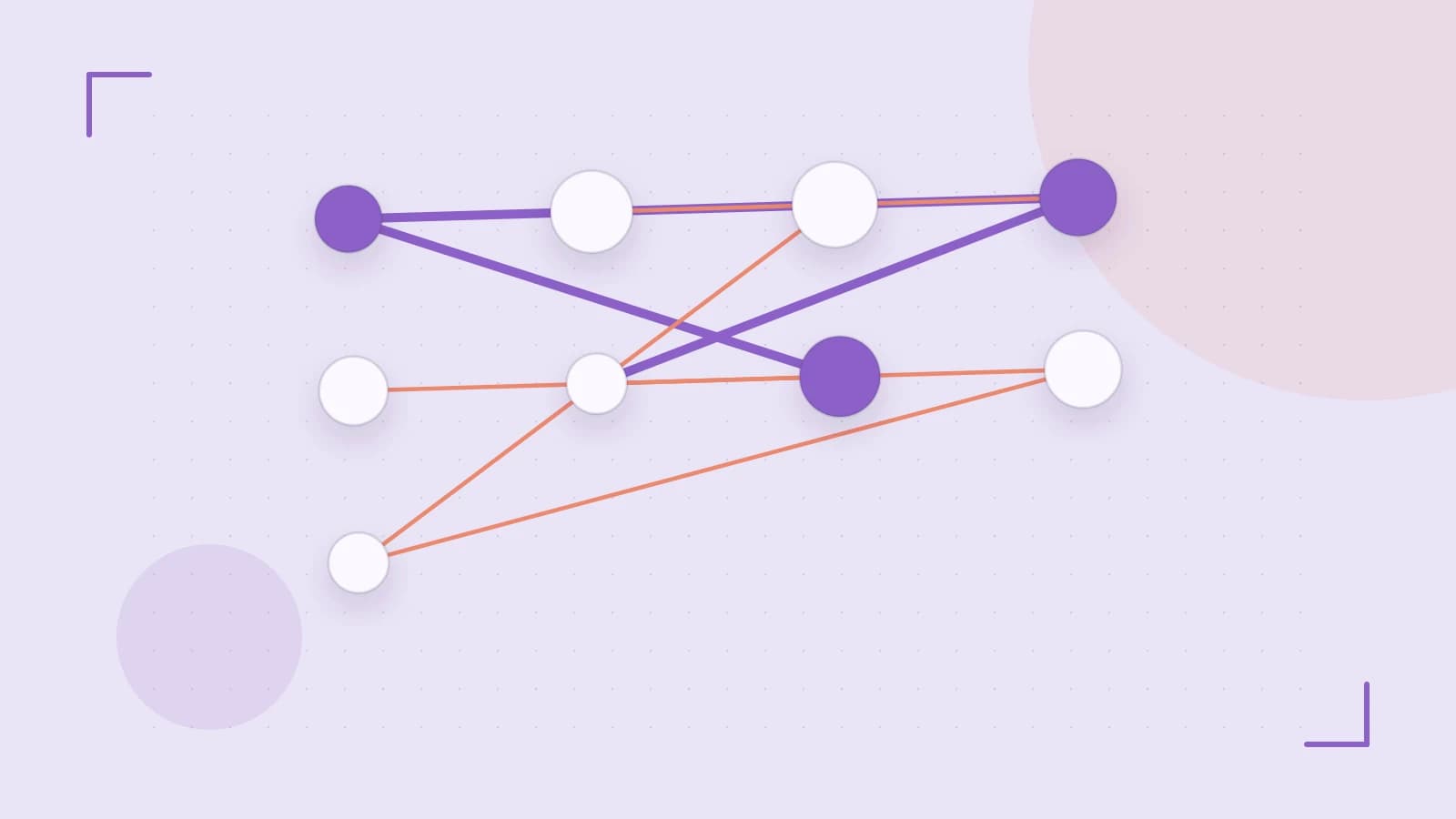 Editorial illustration of an algorithmic node graph with branching paths and a highlighted result