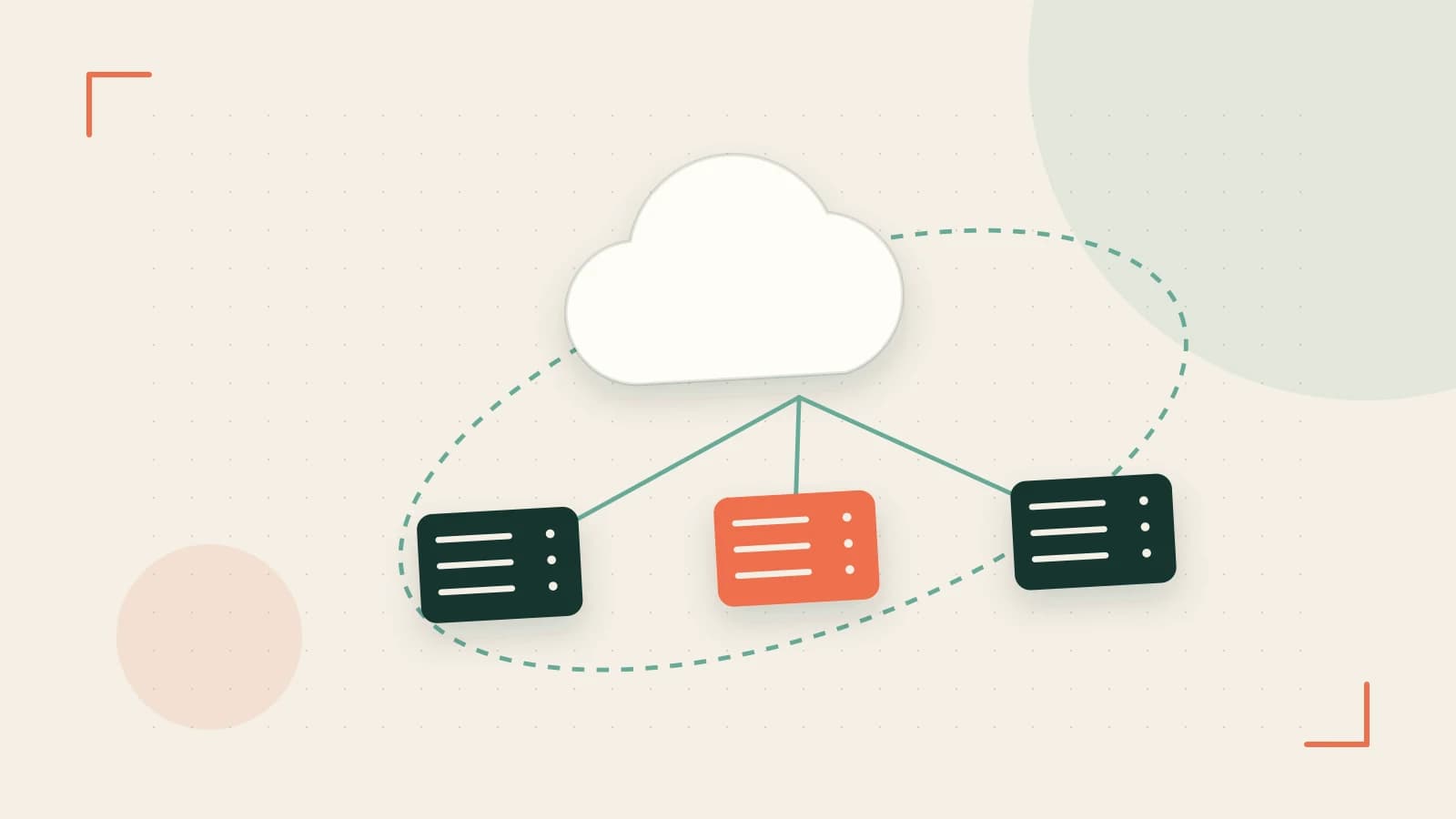 Editorial illustration of cloud infrastructure, connected server racks and an orbital service map