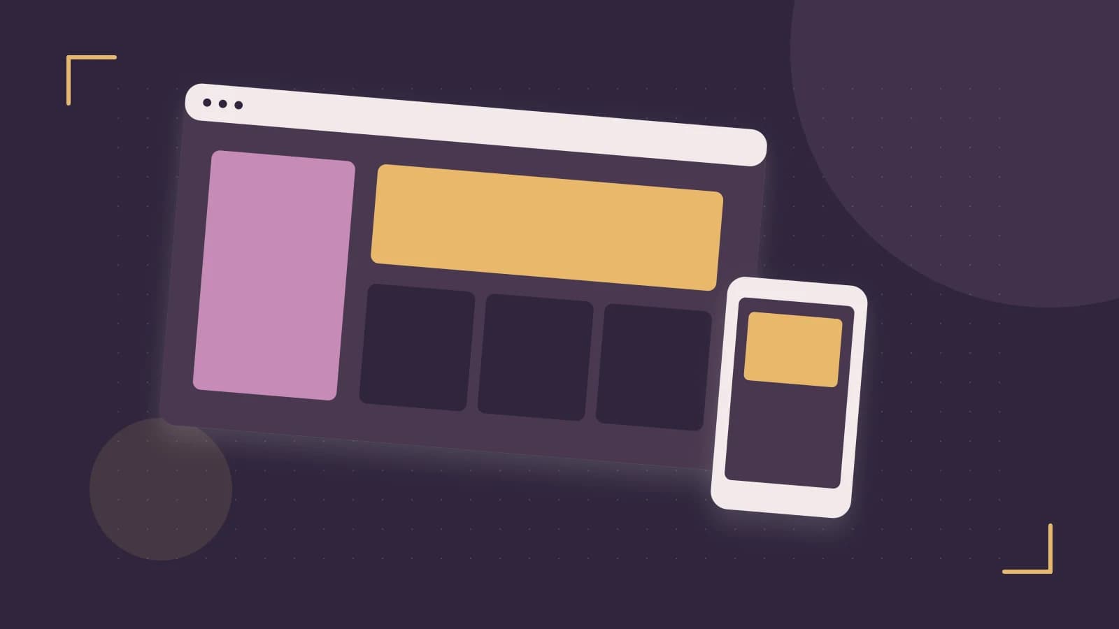 Editorial illustration of responsive browser layouts, overlapping design components and a color system