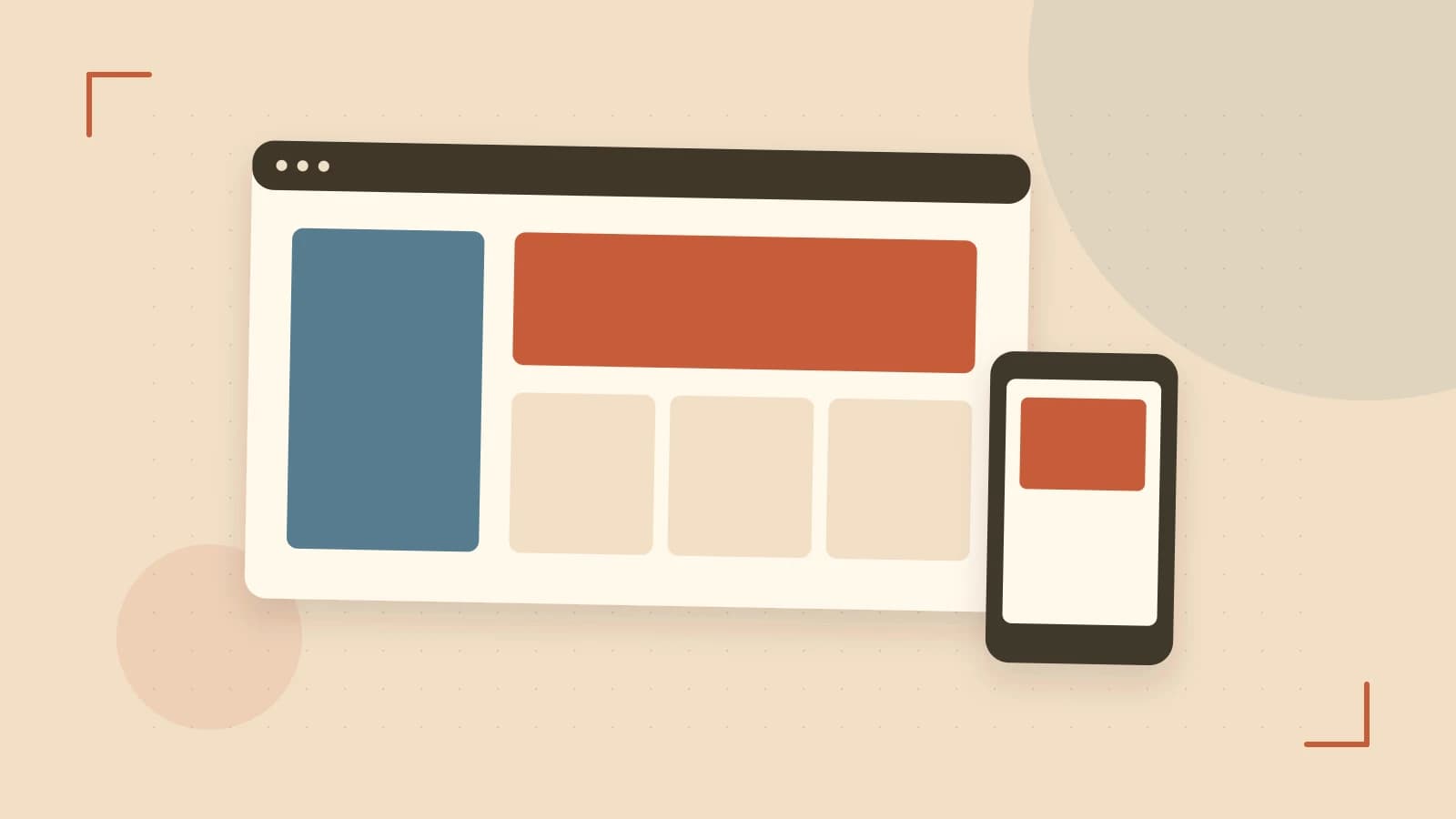 Editorial illustration of responsive browser layouts, overlapping design components and a color system