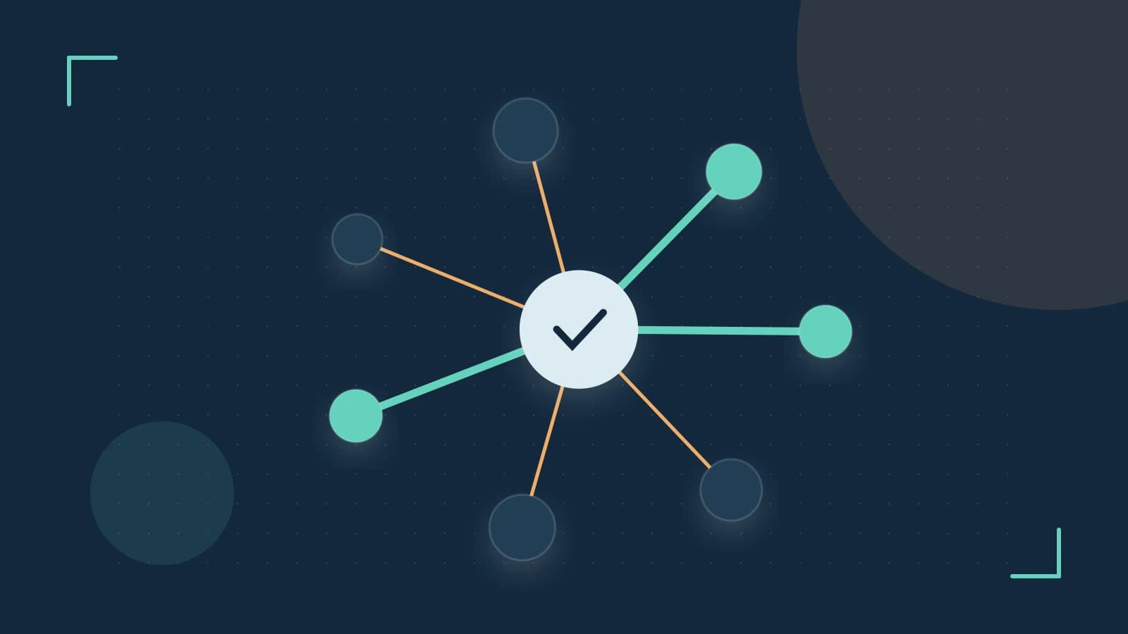 Editorial illustration of an algorithmic node graph with branching paths and a highlighted result