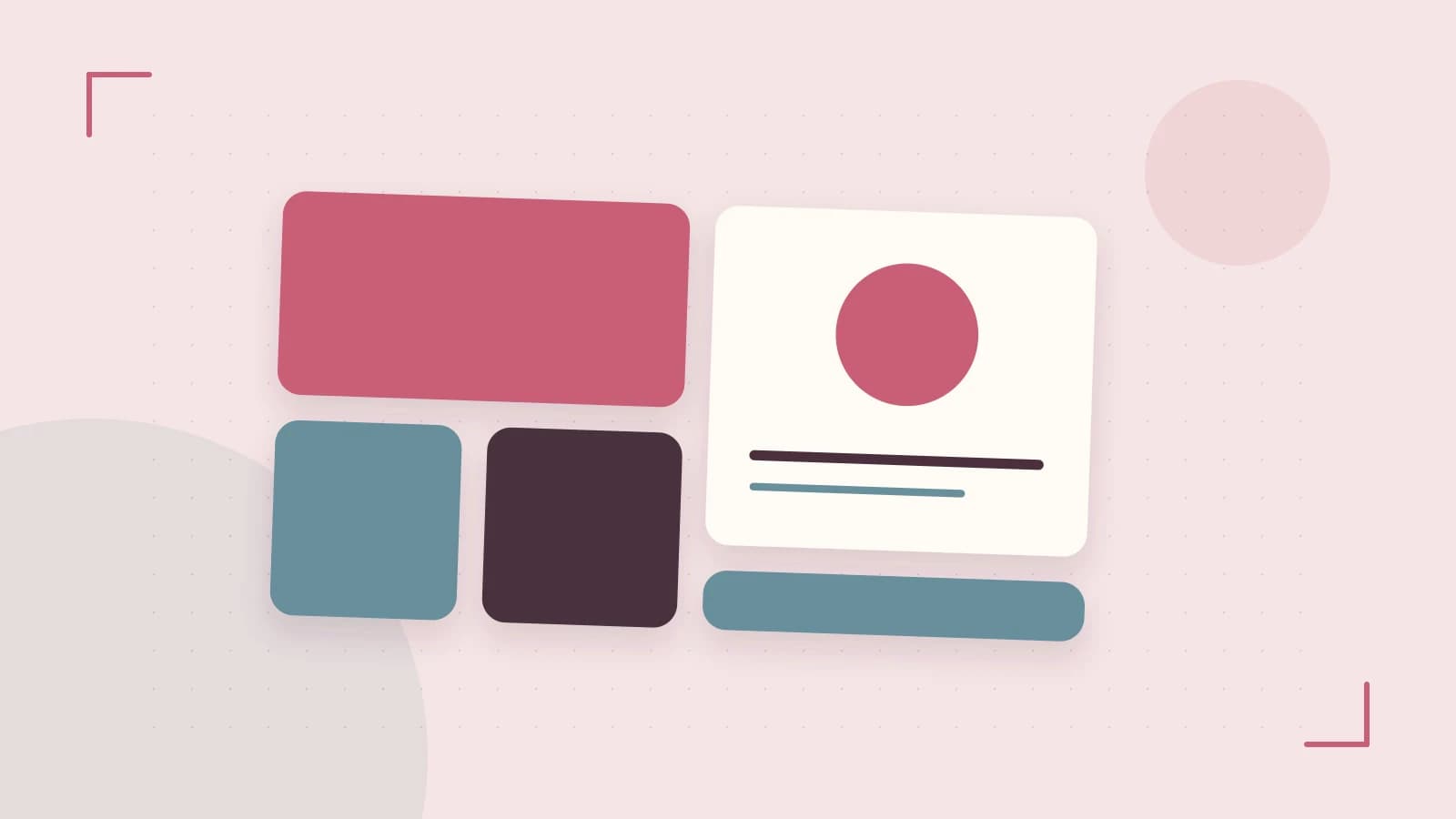 Editorial illustration of responsive browser layouts, overlapping design components and a color system