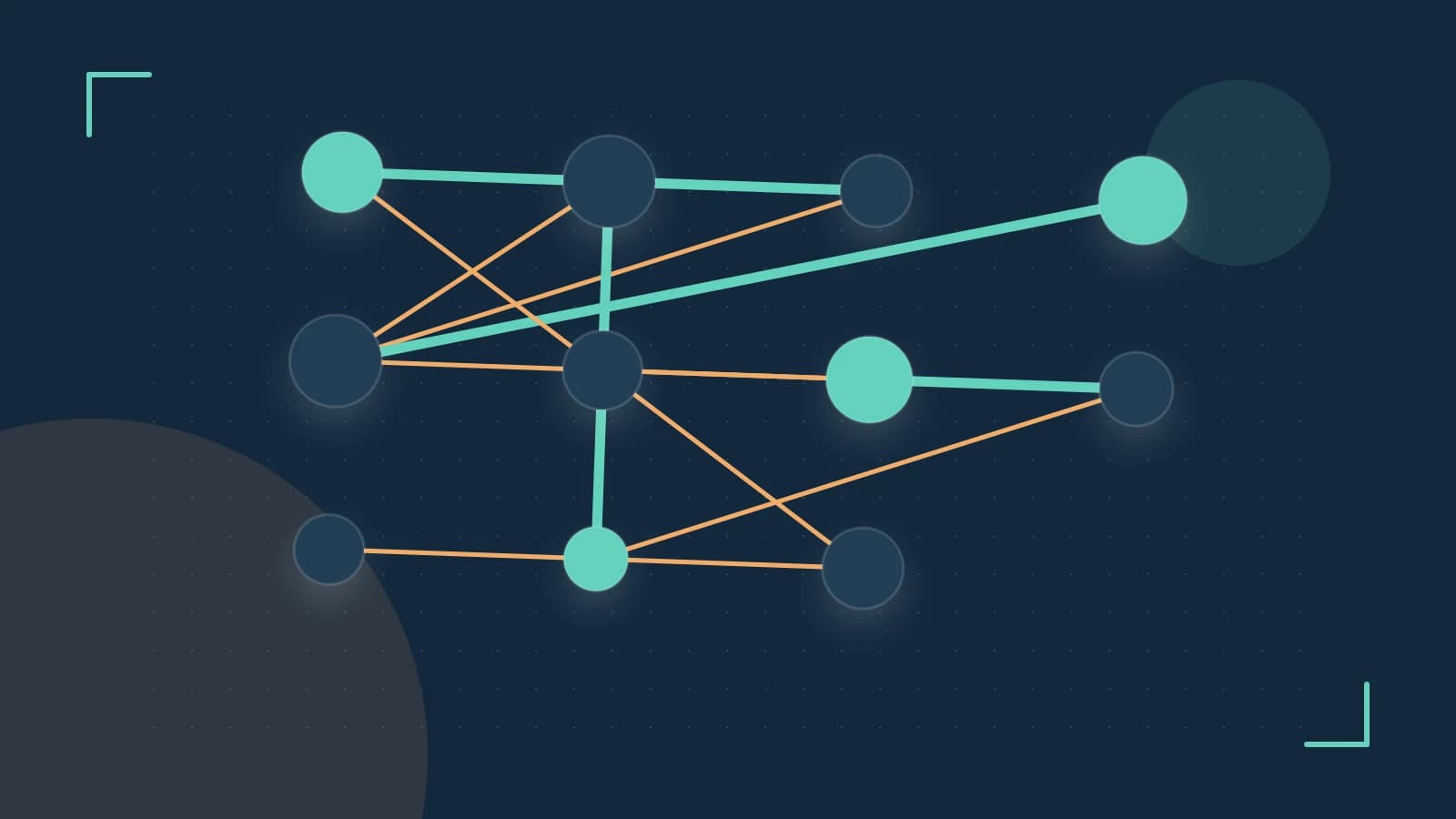 Editorial illustration of an algorithmic node graph with branching paths and a highlighted result