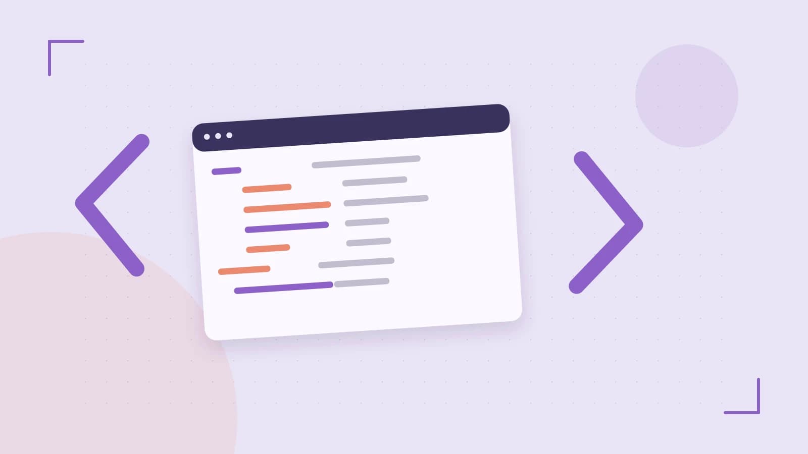 Editorial illustration of an abstract code editor, syntax blocks and oversized programming brackets