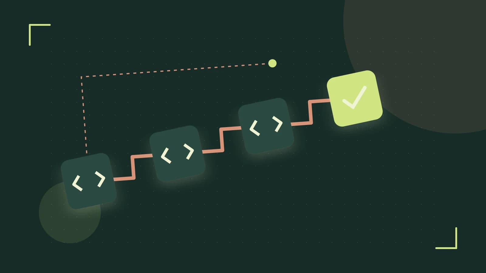 Editorial illustration of a branching build pipeline, staged transformations and a completed check