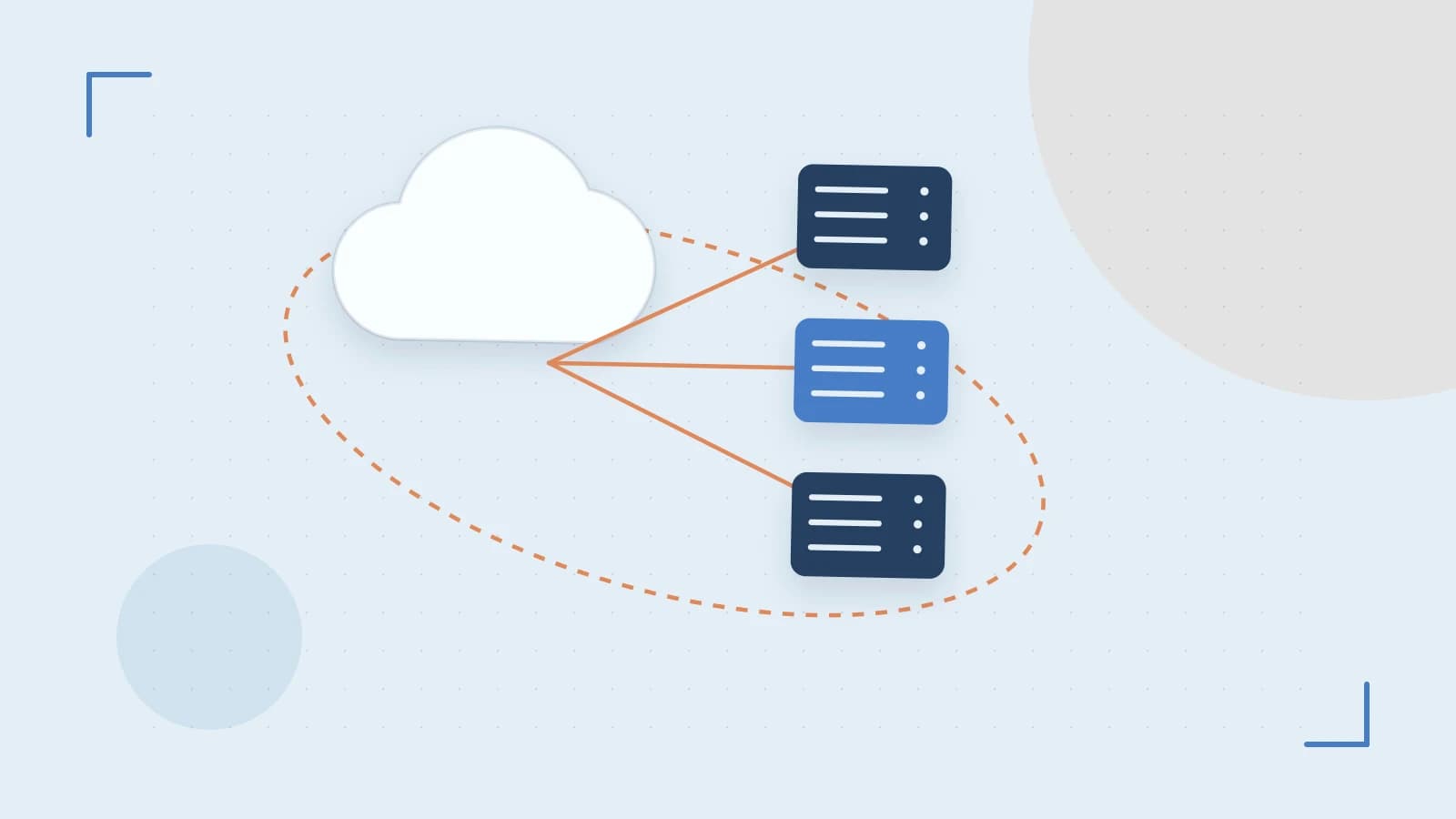Editorial illustration of cloud infrastructure, connected server racks and an orbital service map