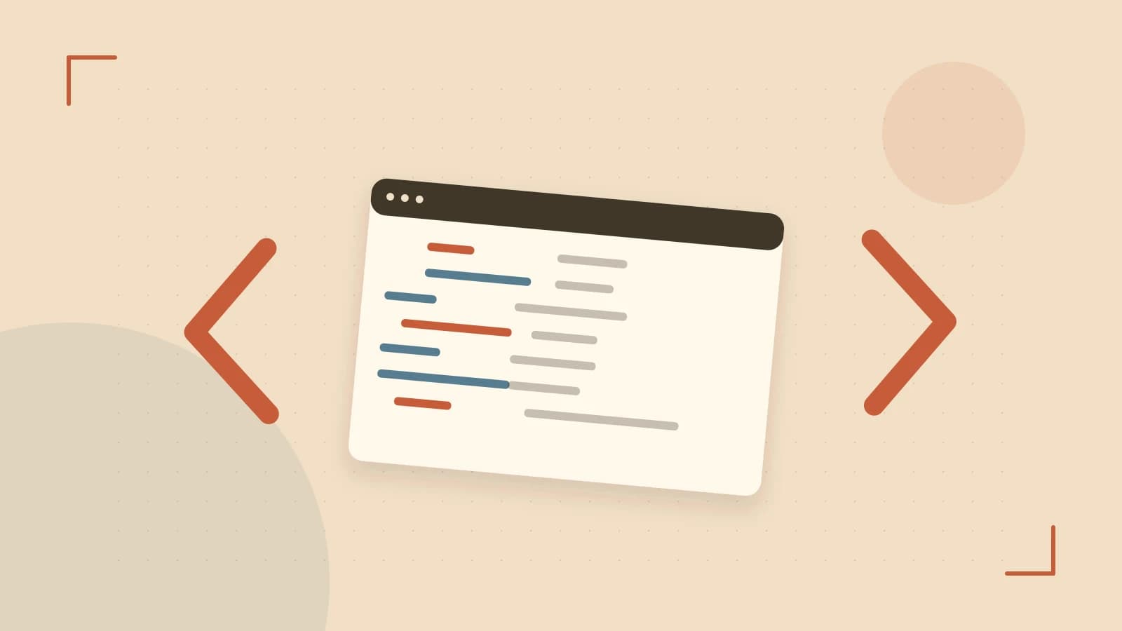 Editorial illustration of an abstract code editor, syntax blocks and oversized programming brackets