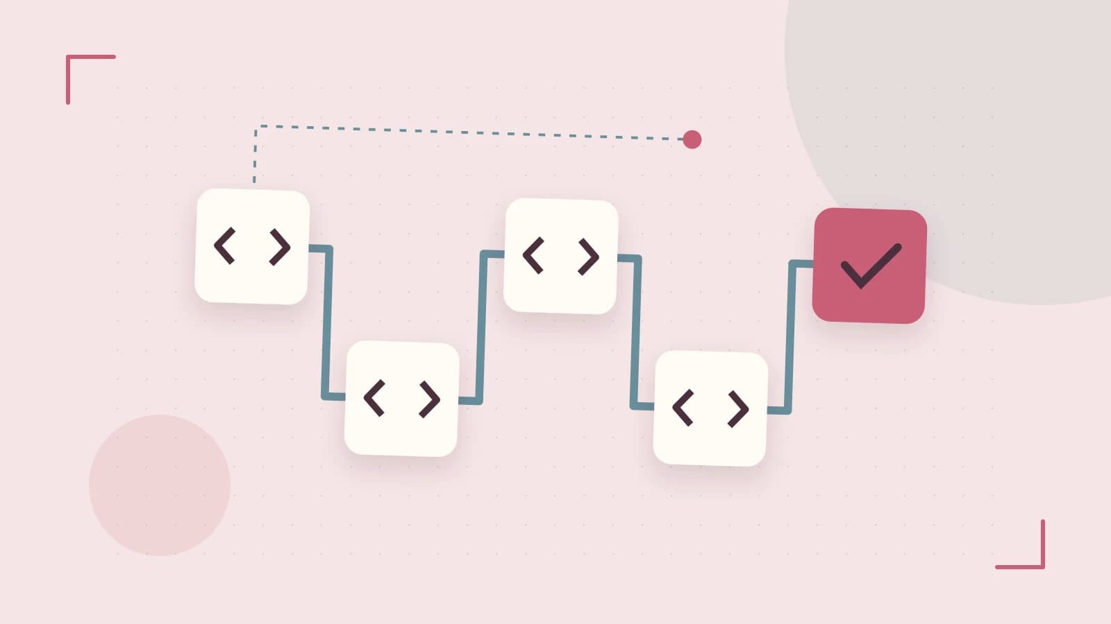 Editorial illustration of a branching build pipeline, staged transformations and a completed check