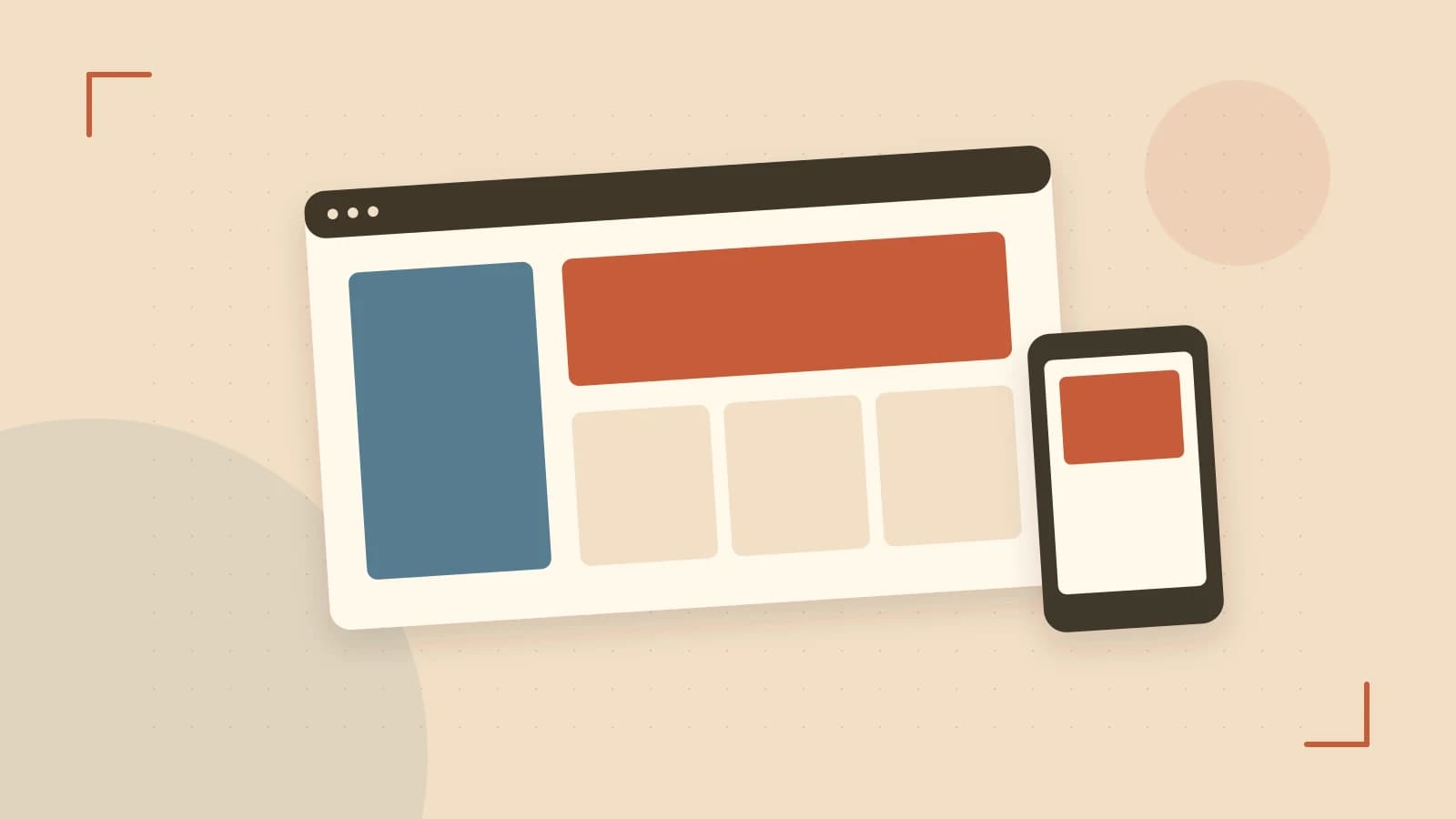 Editorial illustration of responsive browser layouts, overlapping design components and a color system