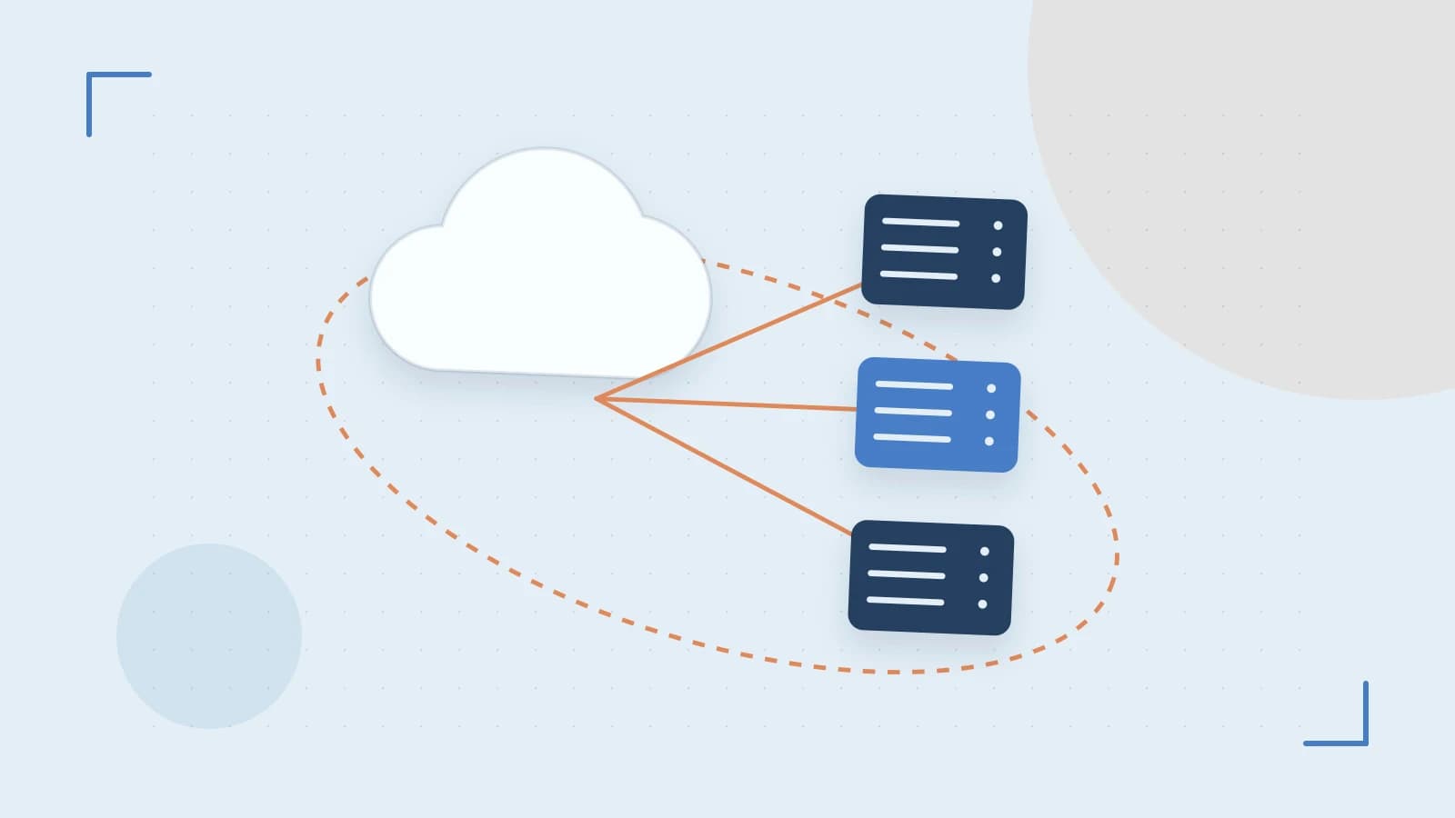 Editorial illustration of cloud infrastructure, connected server racks and an orbital service map
