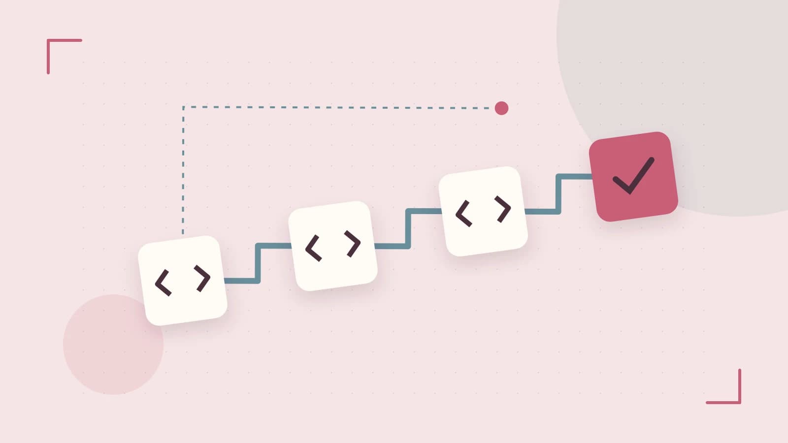 Editorial illustration of a branching build pipeline, staged transformations and a completed check