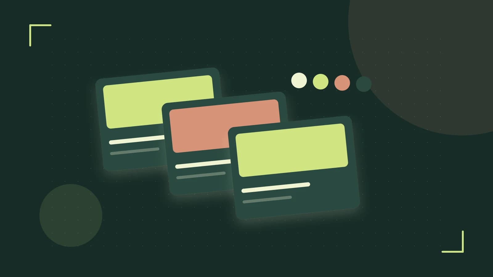 Editorial illustration of responsive browser layouts, overlapping design components and a color system
