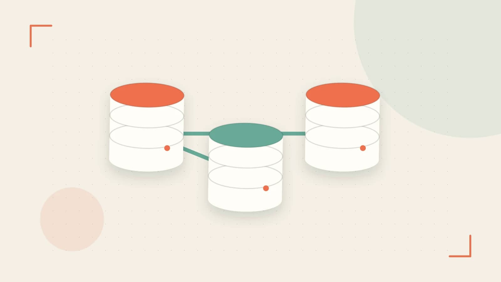 Editorial illustration of structured records, database cylinders and relationships between tables