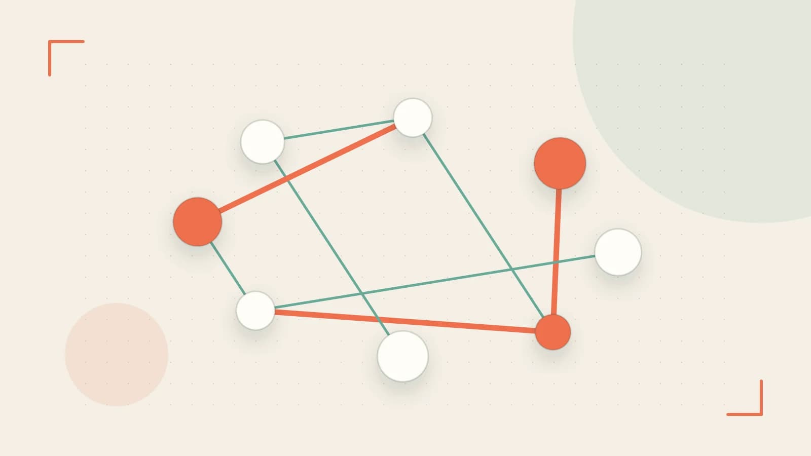 Editorial illustration of an algorithmic node graph with branching paths and a highlighted result