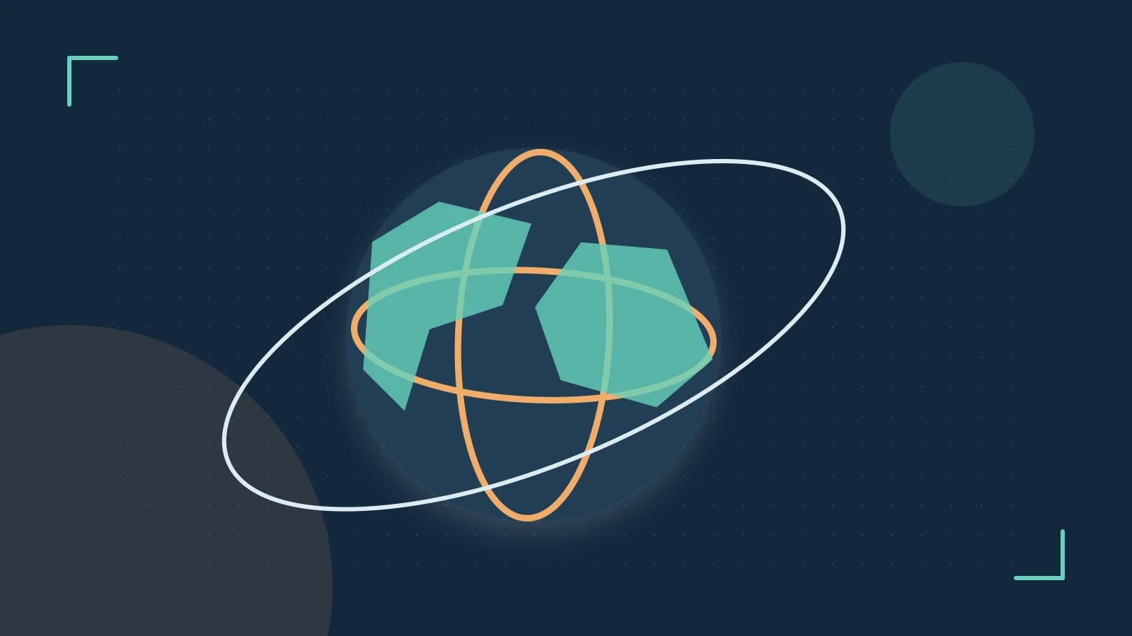 Editorial illustration of an editorial globe with meridians and layered geographic shapes