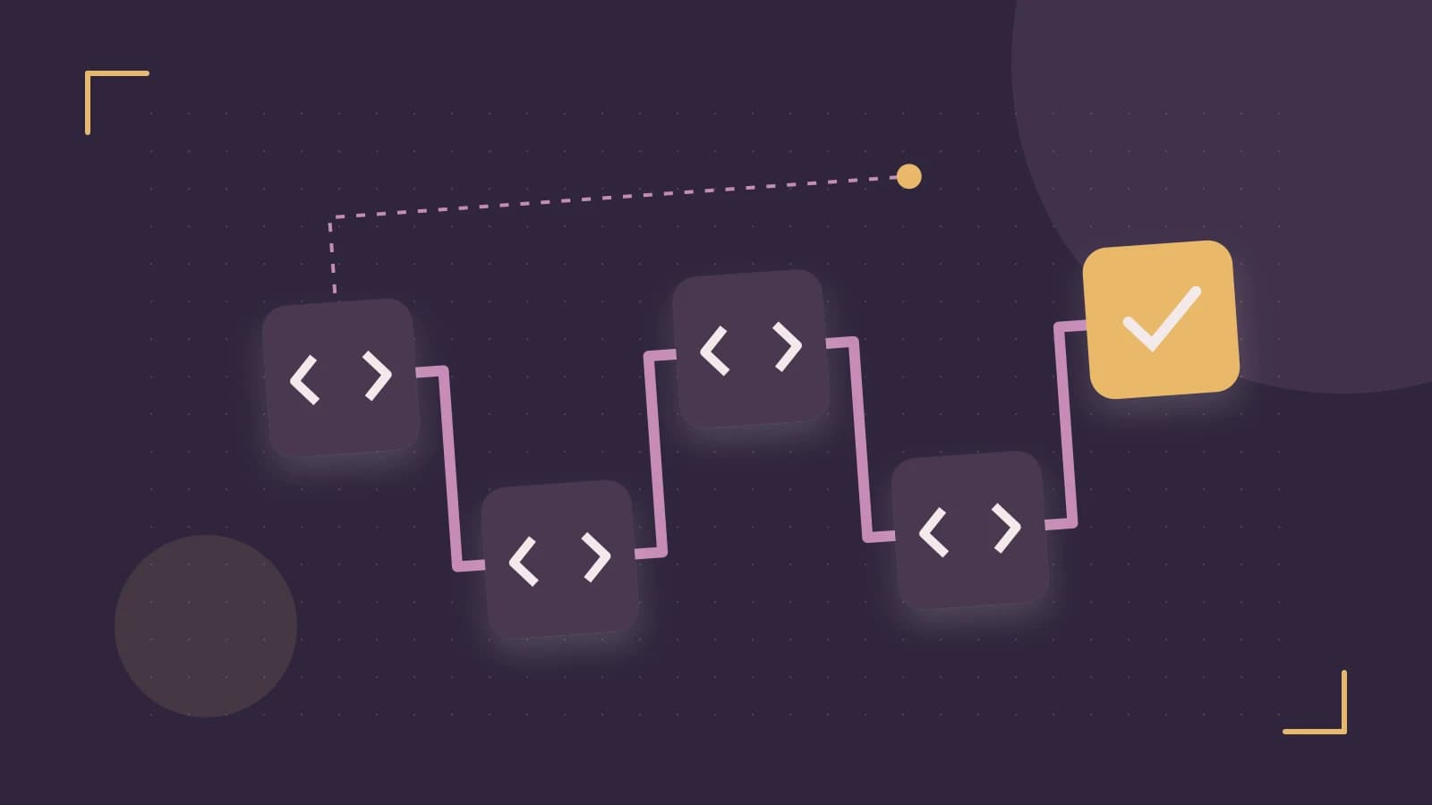 Editorial illustration of a branching build pipeline, staged transformations and a completed check
