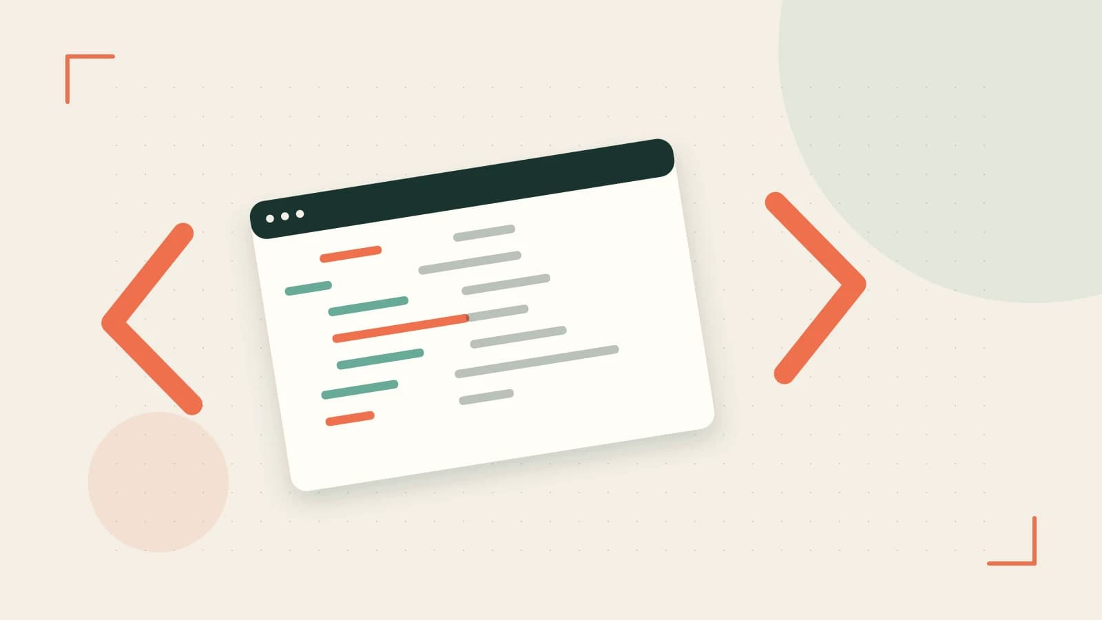 Editorial illustration of an abstract code editor, syntax blocks and oversized programming brackets